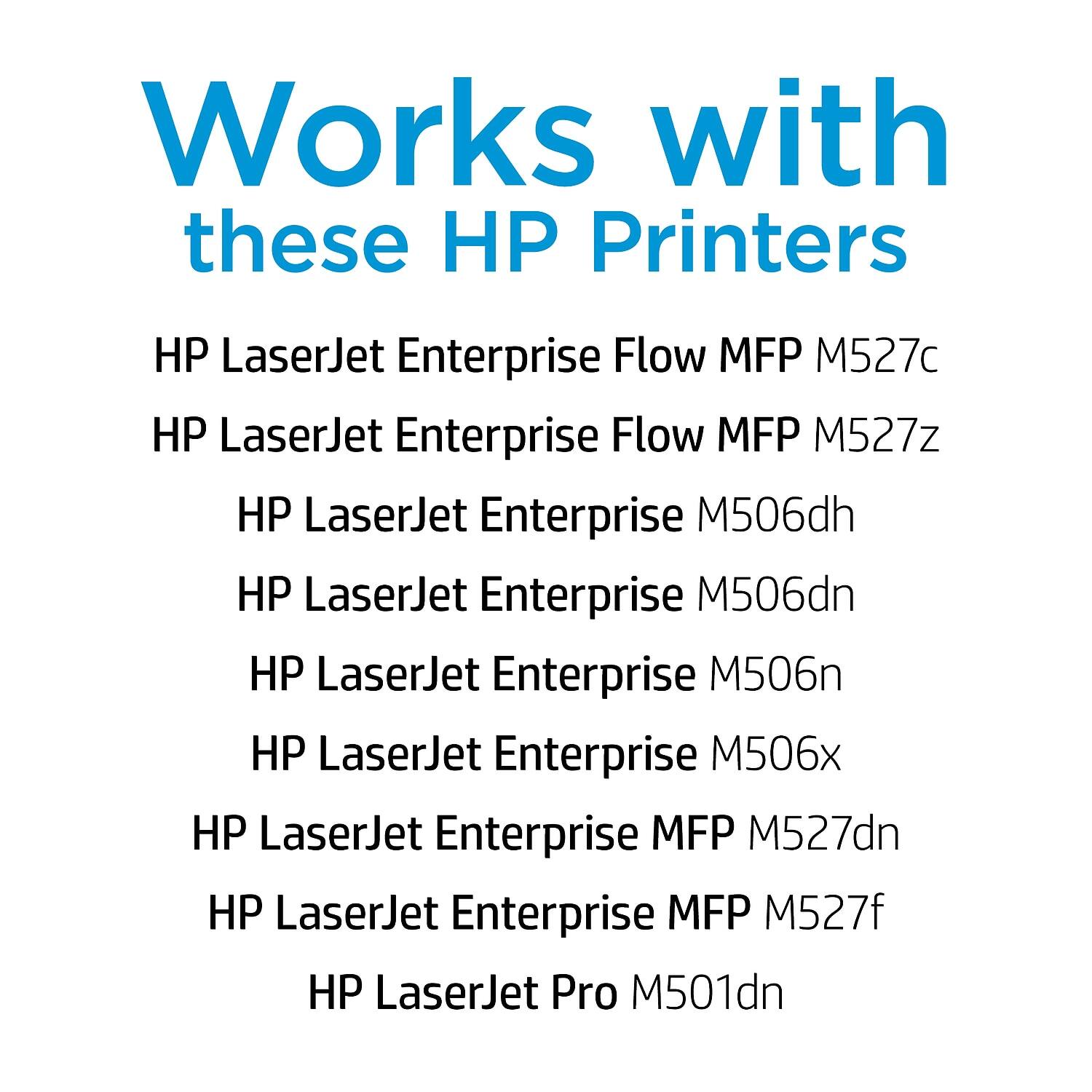 Works with these HP Printers

- HP LaserJet Enterprise Flow MFP M527c
- HP LaserJet Enterprise Flow MFP M527z
- HP LaserJet Enterprise M506dh
- HP LaserJet Enterprise M506dn
- HP LaserJet Enterprise M506n
- HP LaserJet Enterprise M506x
- HP LaserJet Enterprise MFP M527dn
- HP LaserJet Enterprise MFP M527f
- HP LaserJet Pro M501dn