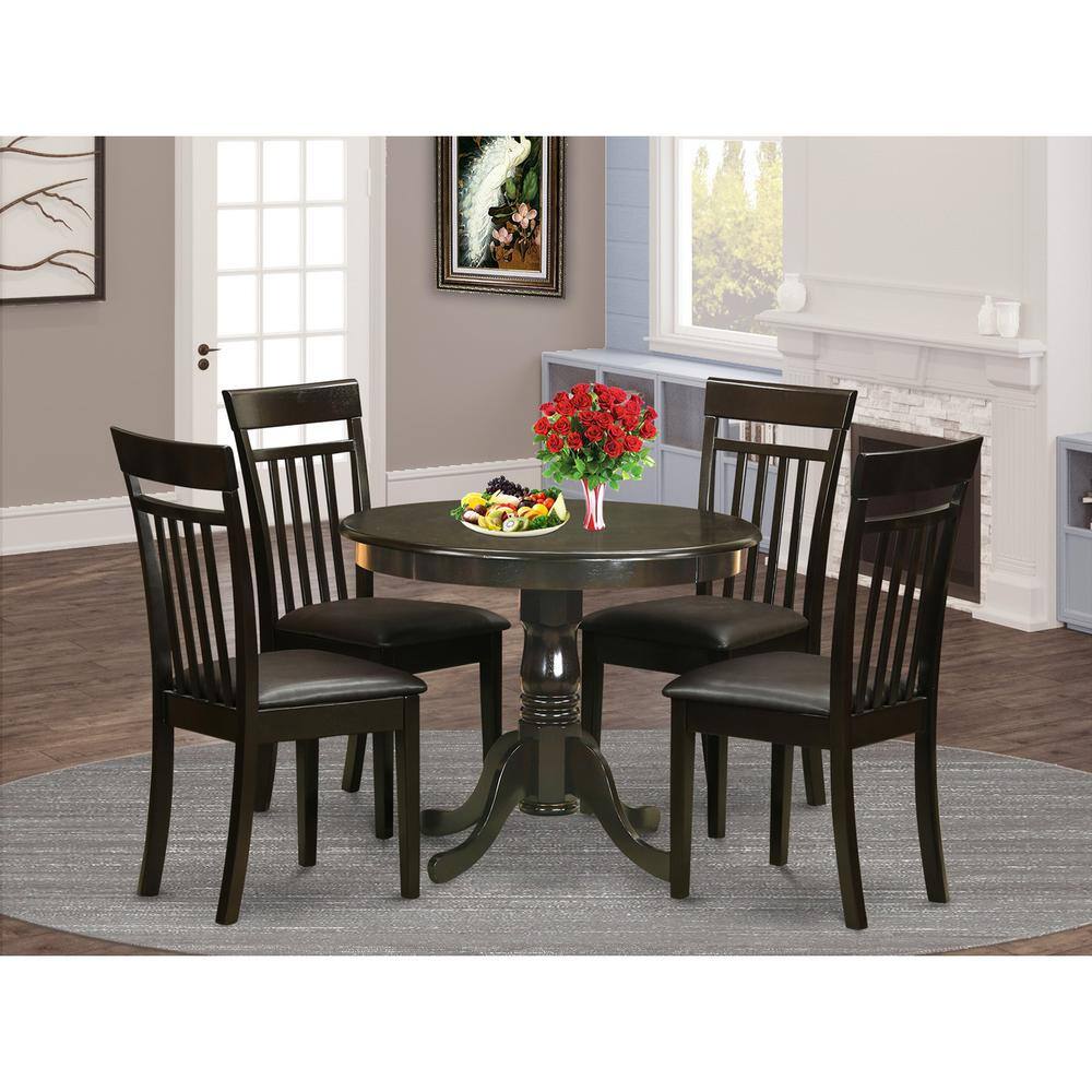 Left. East West Furniture - 5 PC small Kitchen Table and Chairs set-round Table and 4 Chairs for Dining room - Cappuccino.