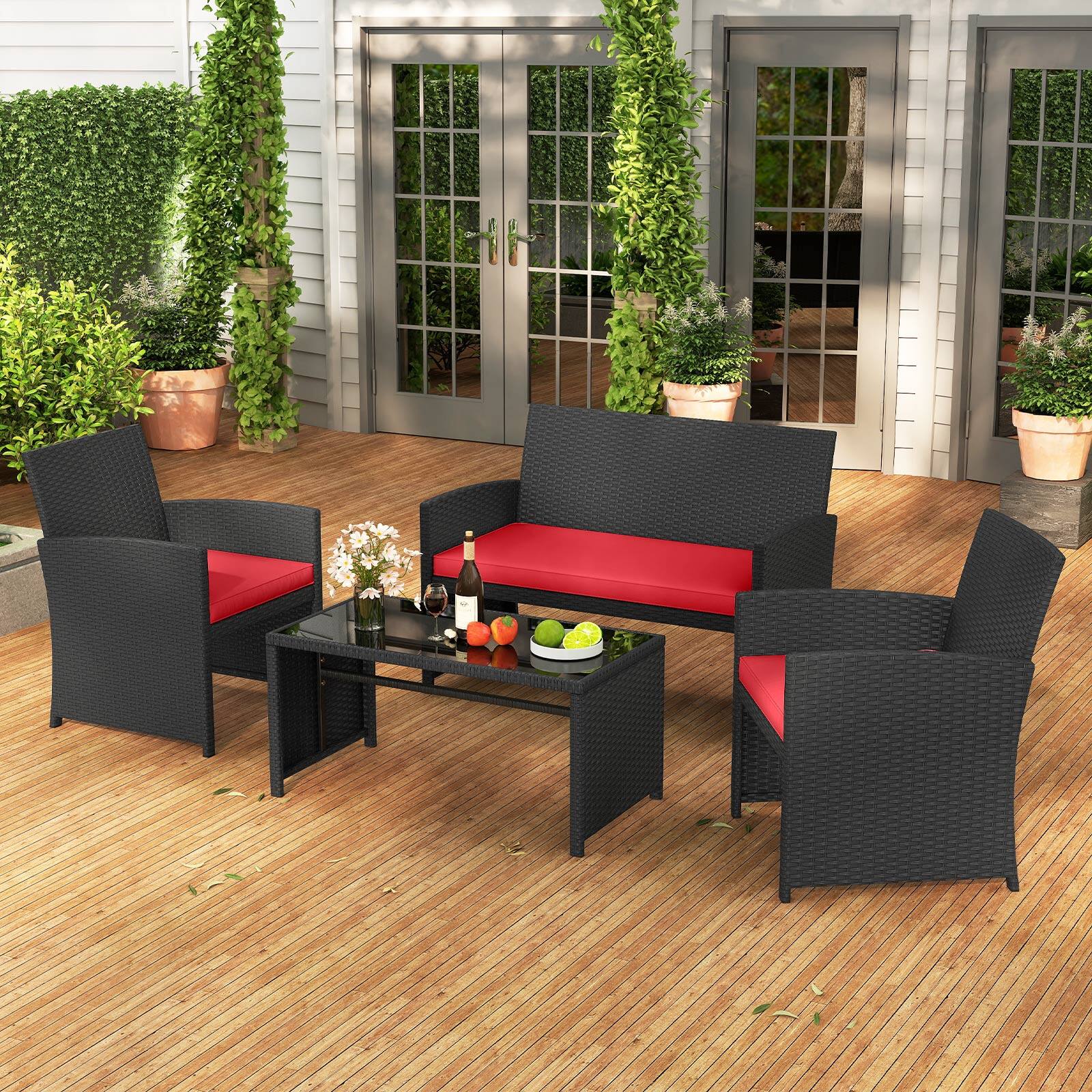 Alt View 3. Gymax - Gymax Set of 4 Patio Conversation Set w/Seat Cushions & Tempered Glass Tabletop Porch Outdoor - Red.