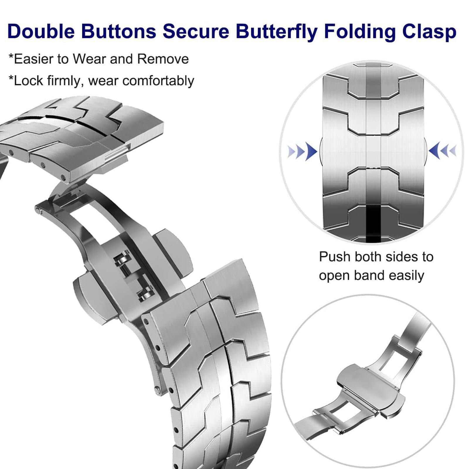 Double Buttons Secure Butterfly Folding Clasp  
*Easier to Wear and Remove  
*Lock firmly, wear comfortably  

Push both sides to open band easily