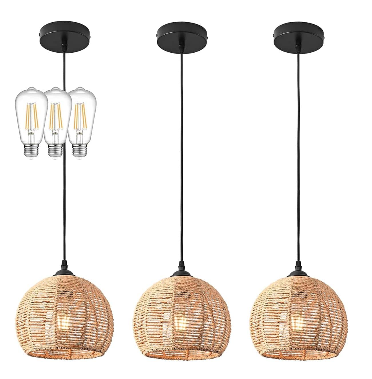 FINEAK - 3-Pack Wicker Pendant Lights - Boho Rustic Farmhouse Dome Chandeliers, Rattan Hanging Fixtures(Bulb Included) - Natural