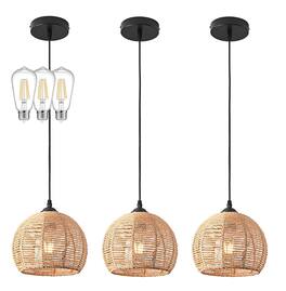 FINEAK - 3-Pack Wicker Pendant Lights - Boho Rustic Farmhouse Dome Chandeliers, Rattan Hanging Fixtures(Bulb Included) - Natural
