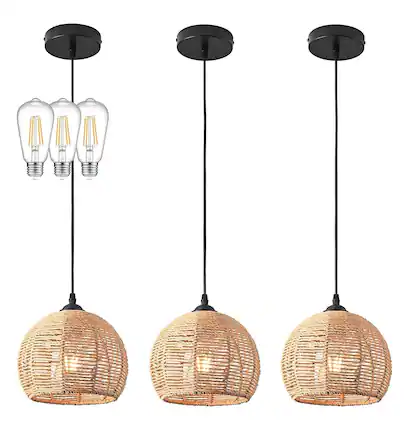 Front. FINEAK - 3-Pack Natural Wicker Pendant Lights - Boho Rustic Farmhouse Dome Chandeliers, Rattan Hanging Fixtures(Bulb Included) - Natural.
