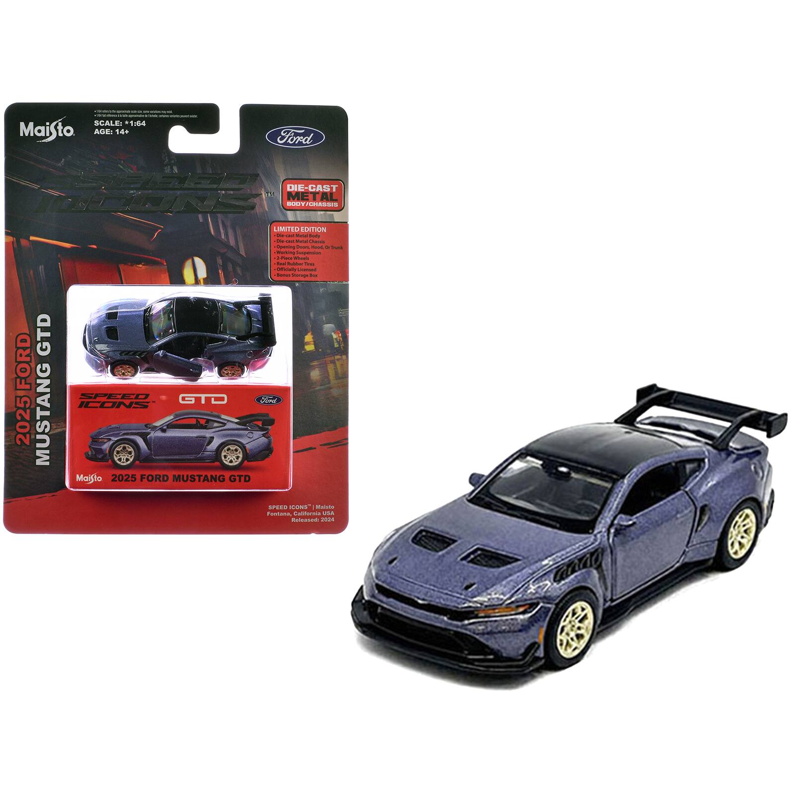 2025 Ford Mustang GTD Purple Metallic with Black Top "Speed Icons" Series 1/64 Diecast Model Car by Maisto