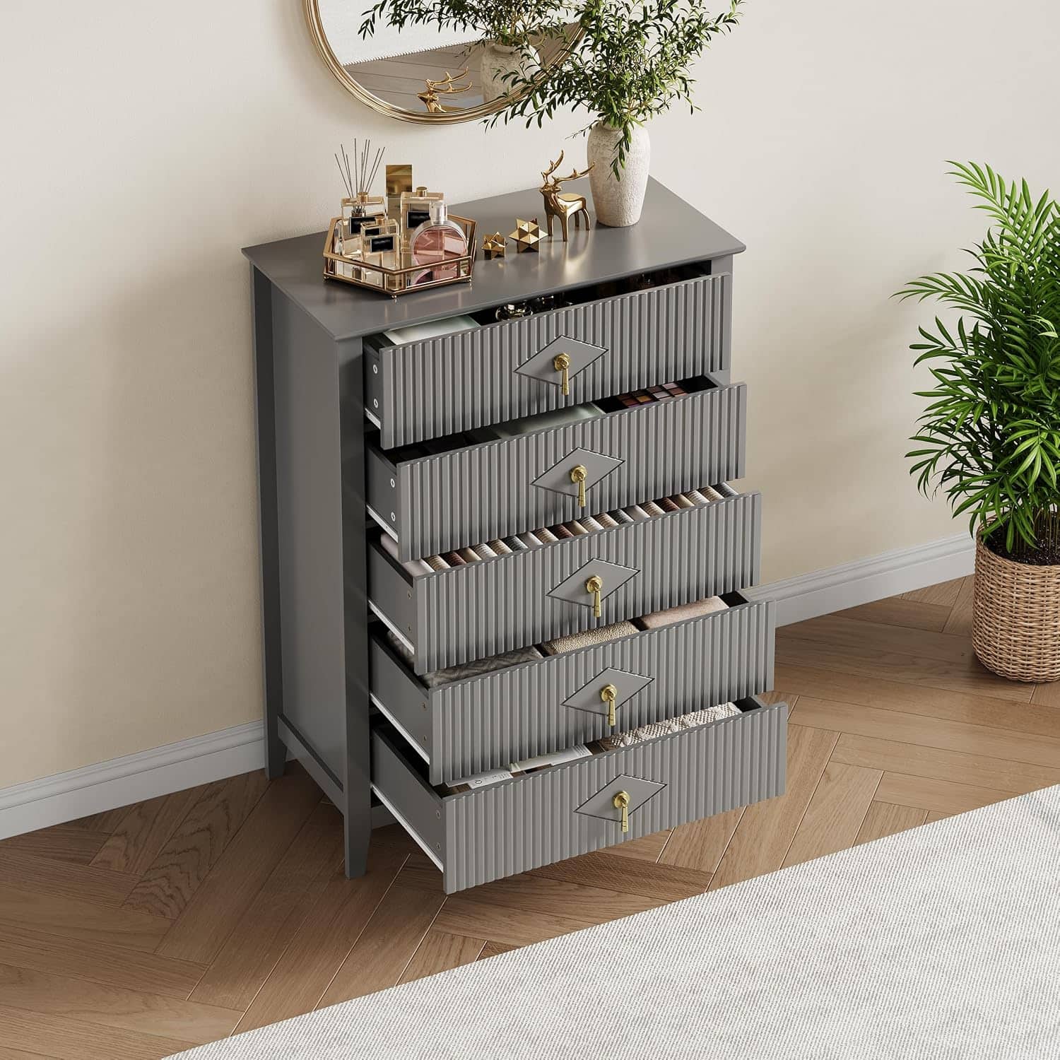 GARVEE - Fluted Dresser for Bedroom 43" Tall, 5-Drawer Modern Wood Chest, Space-Saving Storage Cabinet for Living Room - Gray