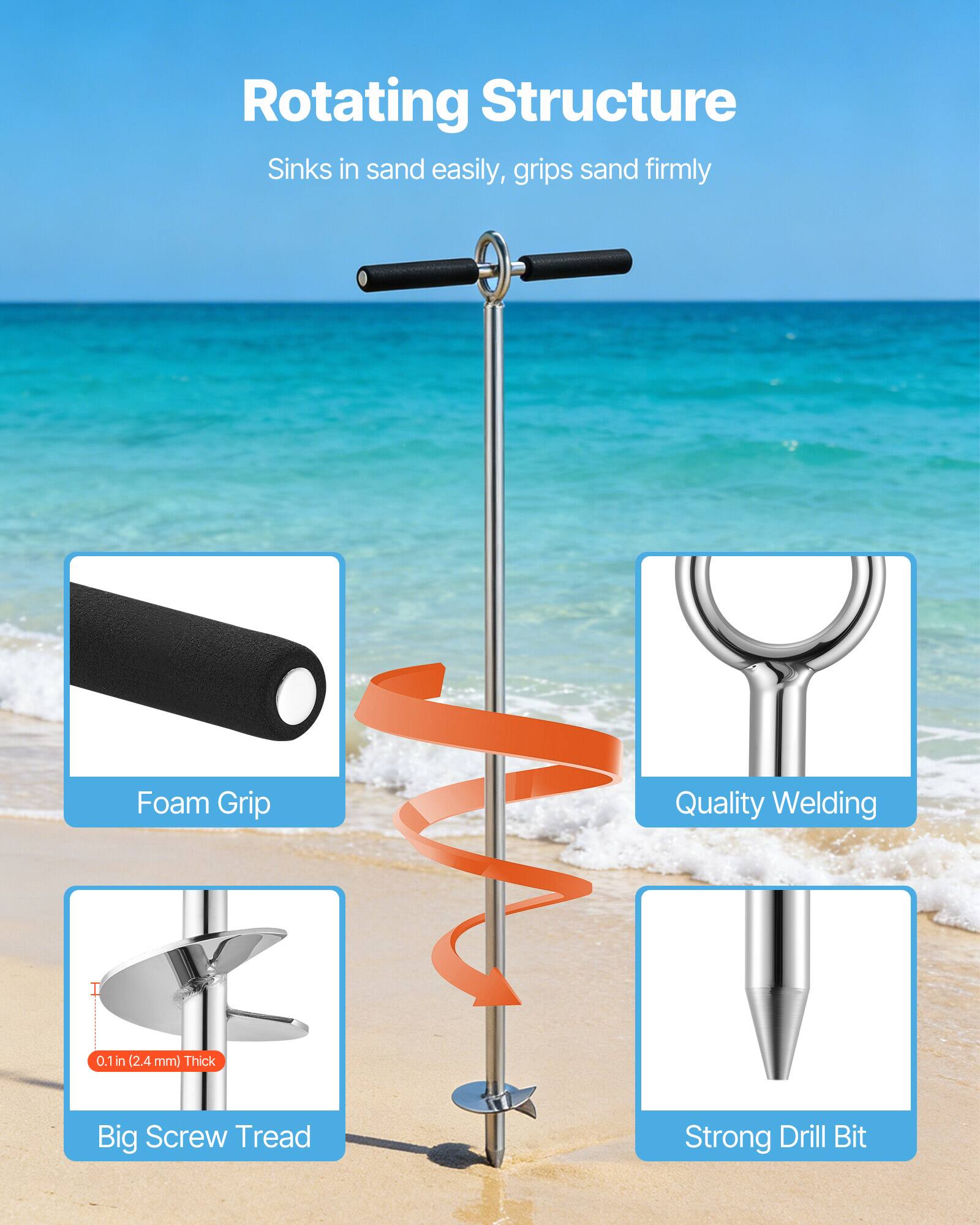 Rotating Structure  
Sinks in sand easily, grips sand firmly  

Foam Grip  
Quality Welding  
Big Screw Tread (0.1 in / 2.4 mm Thick)  
Strong Drill Bit