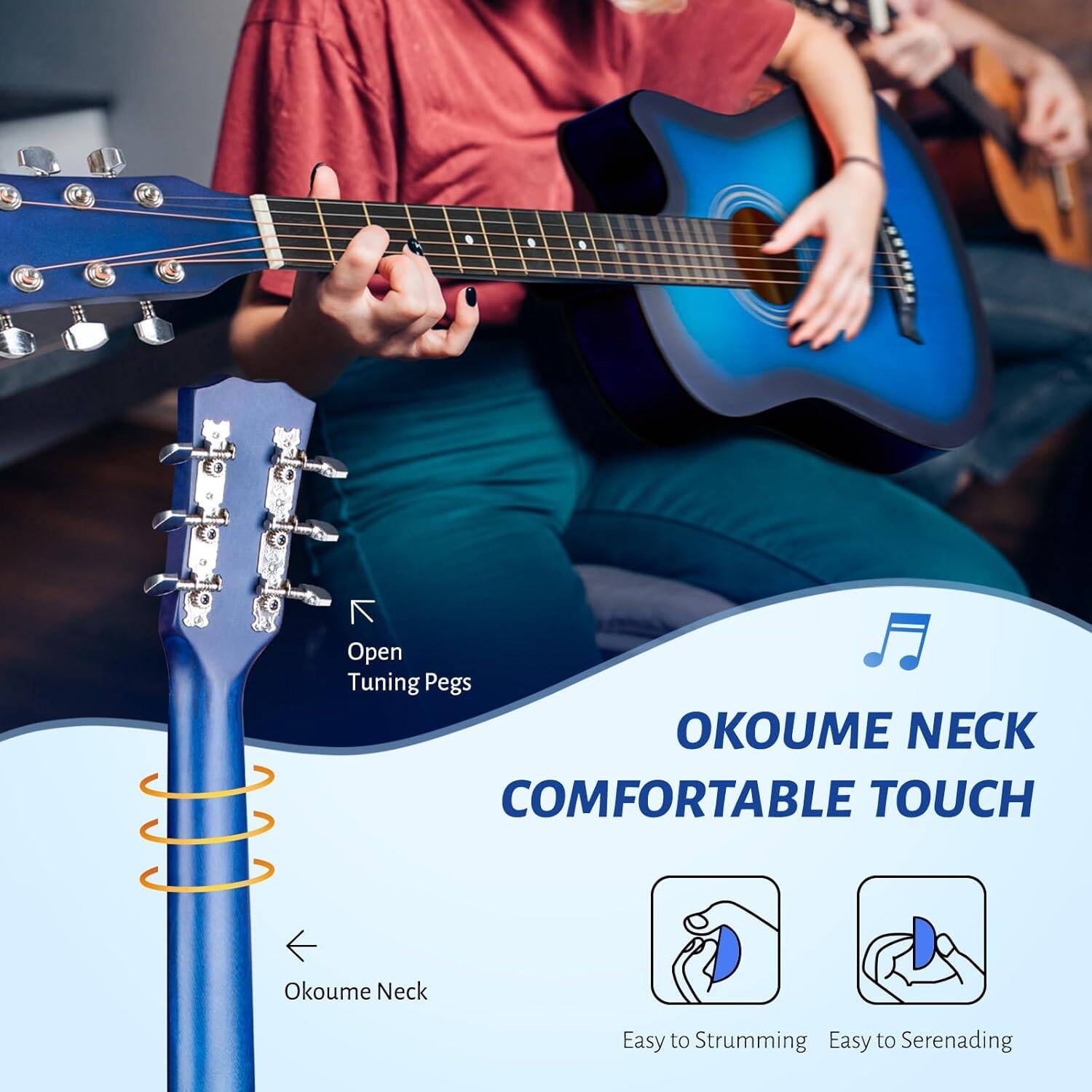- Open Tuning Pegs
- Okoume Neck
- Comfortable Touch
- Easy to Strumming
- Easy to Serenading