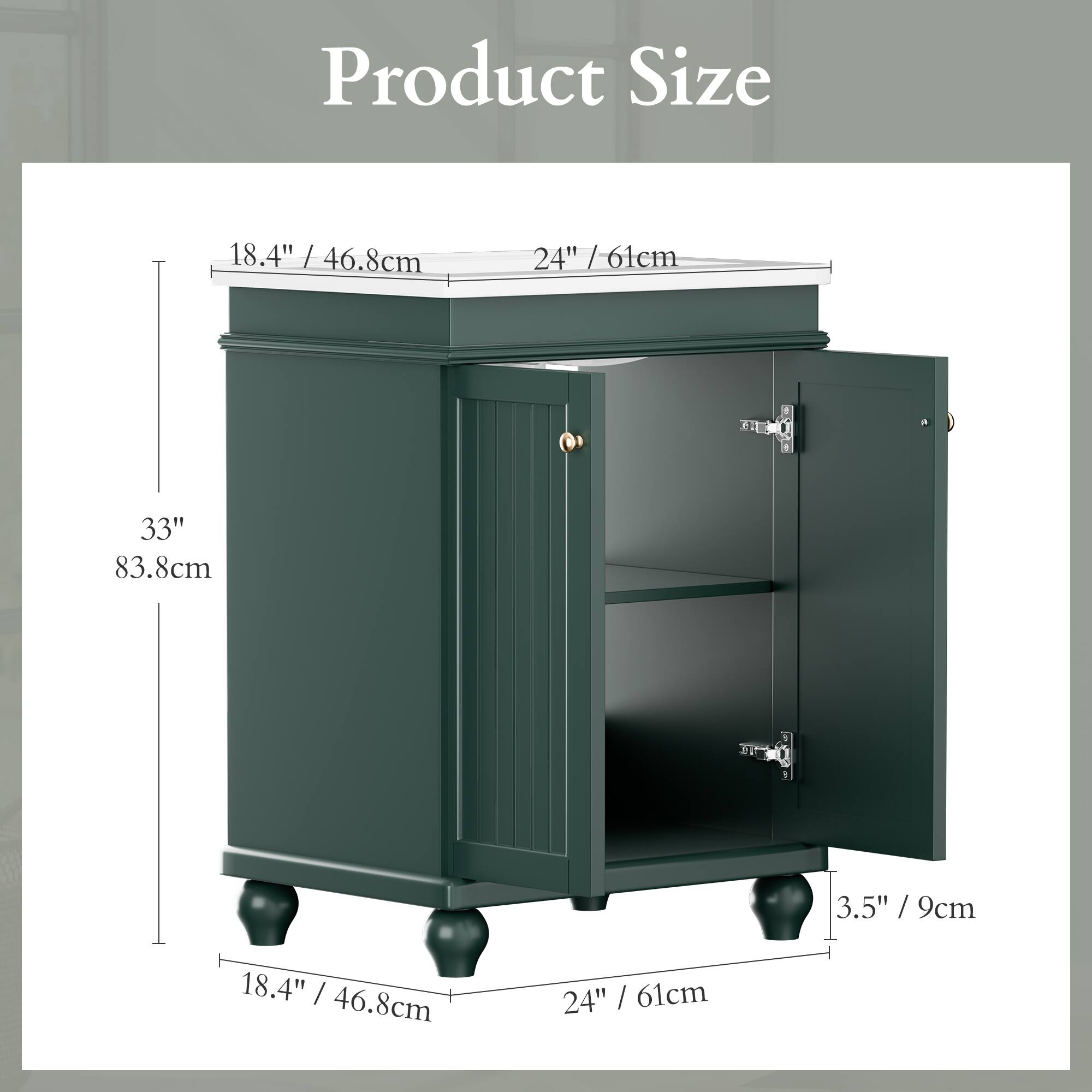Product Size: 18.4" / 46.8cm, 24" / 61cm, 33" / 83.8cm, 3.5" / 9cm