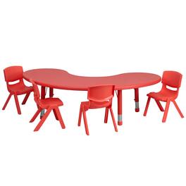 Emma + Oliver - 35"W x 65"L Half-Moon Plastic Height Adjustable Activity Table Set with 4 Chairs - Red