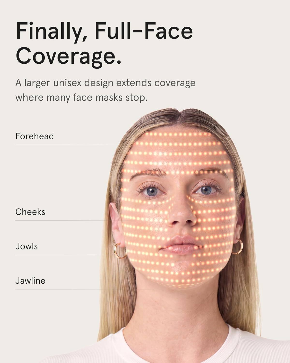 Finally, Full-Face Coverage.  
A larger unisex design extends coverage where many face masks stop.  

Forehead  
Cheeks  
Jowls  
Jawline
