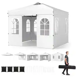 Costway - 10x10 FT Pop Up Canopy Tent with 4 Sidewalls, Adjustable Height, Reflective Strips - White