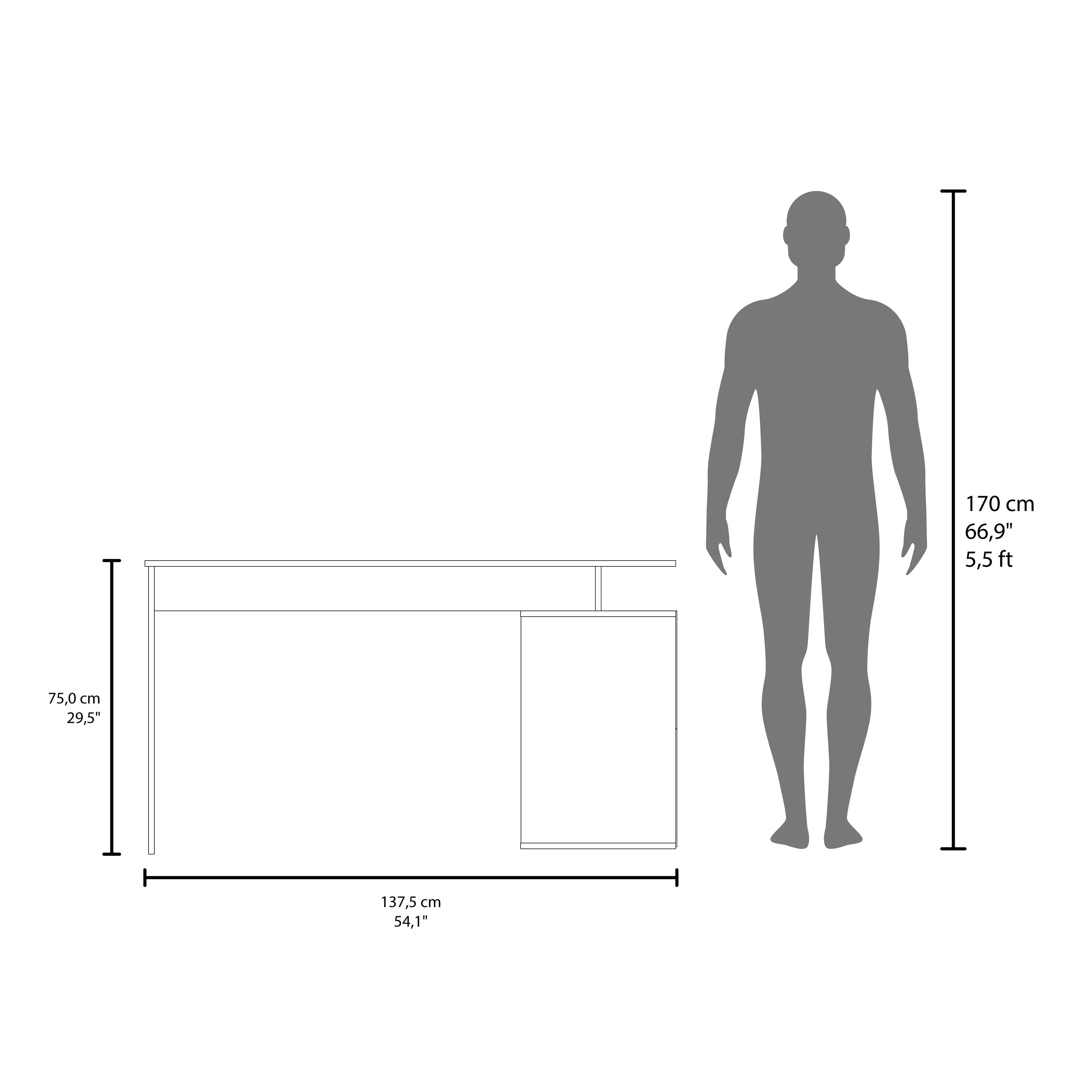 170 cm  
66.9"  
5.5 ft  

75.0 cm  
29.5"  

137.5 cm  
54.1"