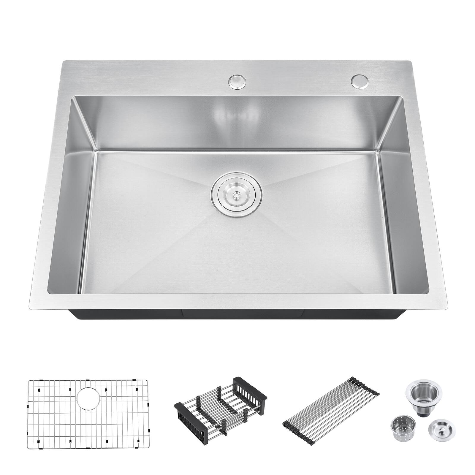 Alt View 8. Akicon - Akicon 30 in. Drop-in Single Bowl 20-Gauge Silver Nano-Coated Kitchen Sink with Grid, Strainer, Colander and Rollup Rack - Silver.