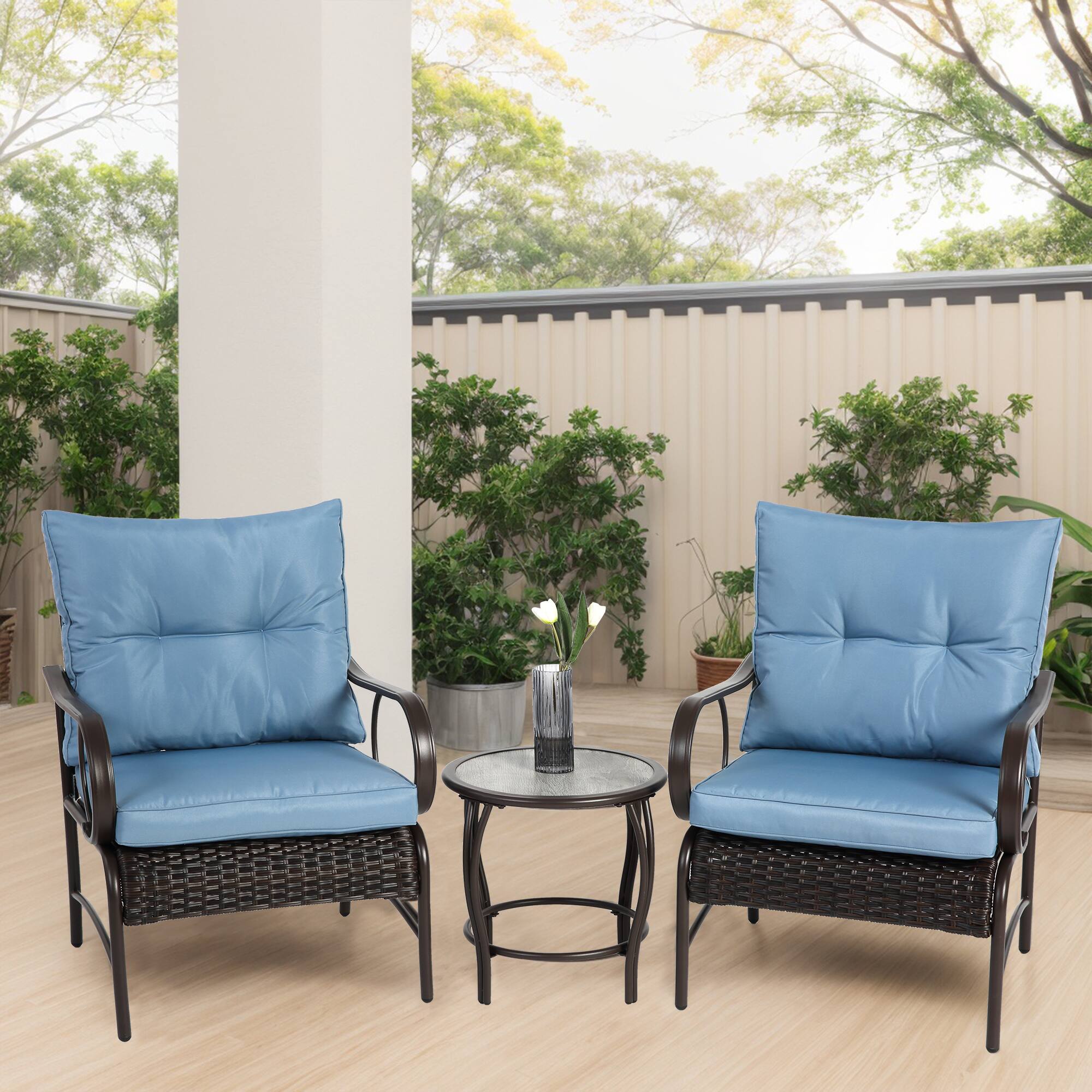 Alt View 1. Ecooso - 3-Piece Wicker Patio Conversation Set with Rattan Chairs and Coffee Table - Blue.
