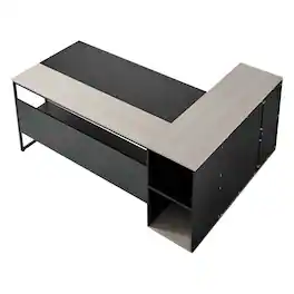 VEVOR - L-Shaped Executive Desk, Large Modern Office Table with Drawers & Storage Cabinet, Heavy Duty Wooden Executive Table - Gray + Black