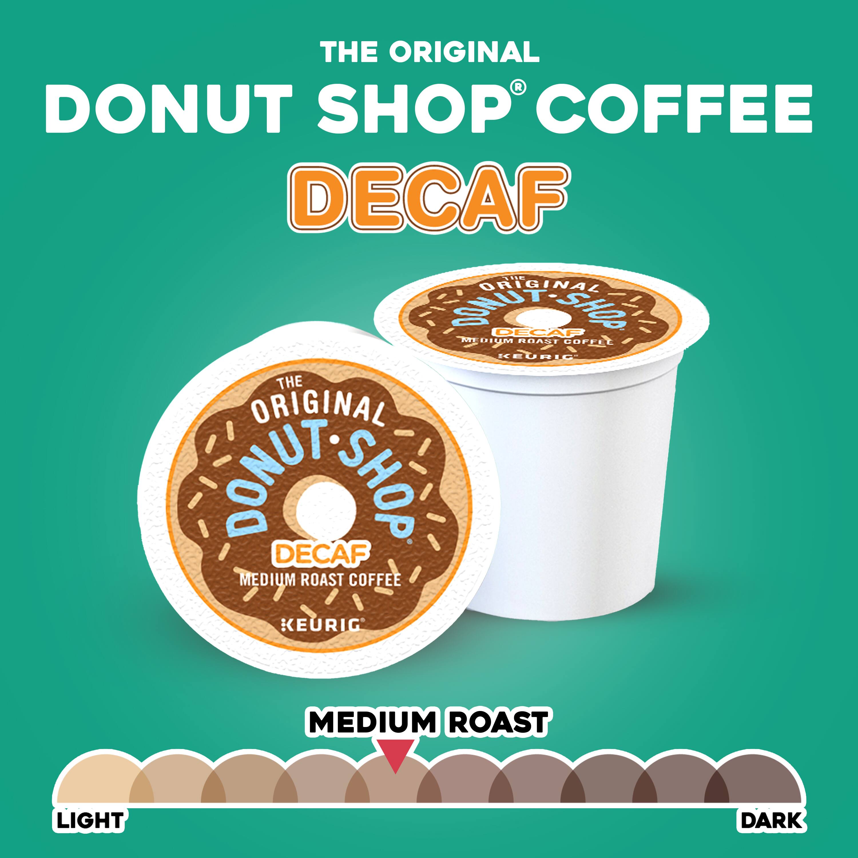 The Original Donut Shop Decaf is a medium roast coffee that is available in both a cup and a Keurig pod. It is a popular choice for those who prefer a decaffeinated coffee option.