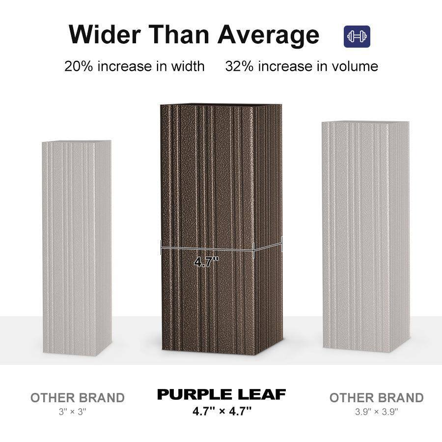 Wider Than Average  
20% increase in width  
32% increase in volume  

OTHER BRAND  
3" x 3"  

PURPLE LEAF  
4.7" x 4.7"  

OTHER BRAND  
3.9" x 3.9"