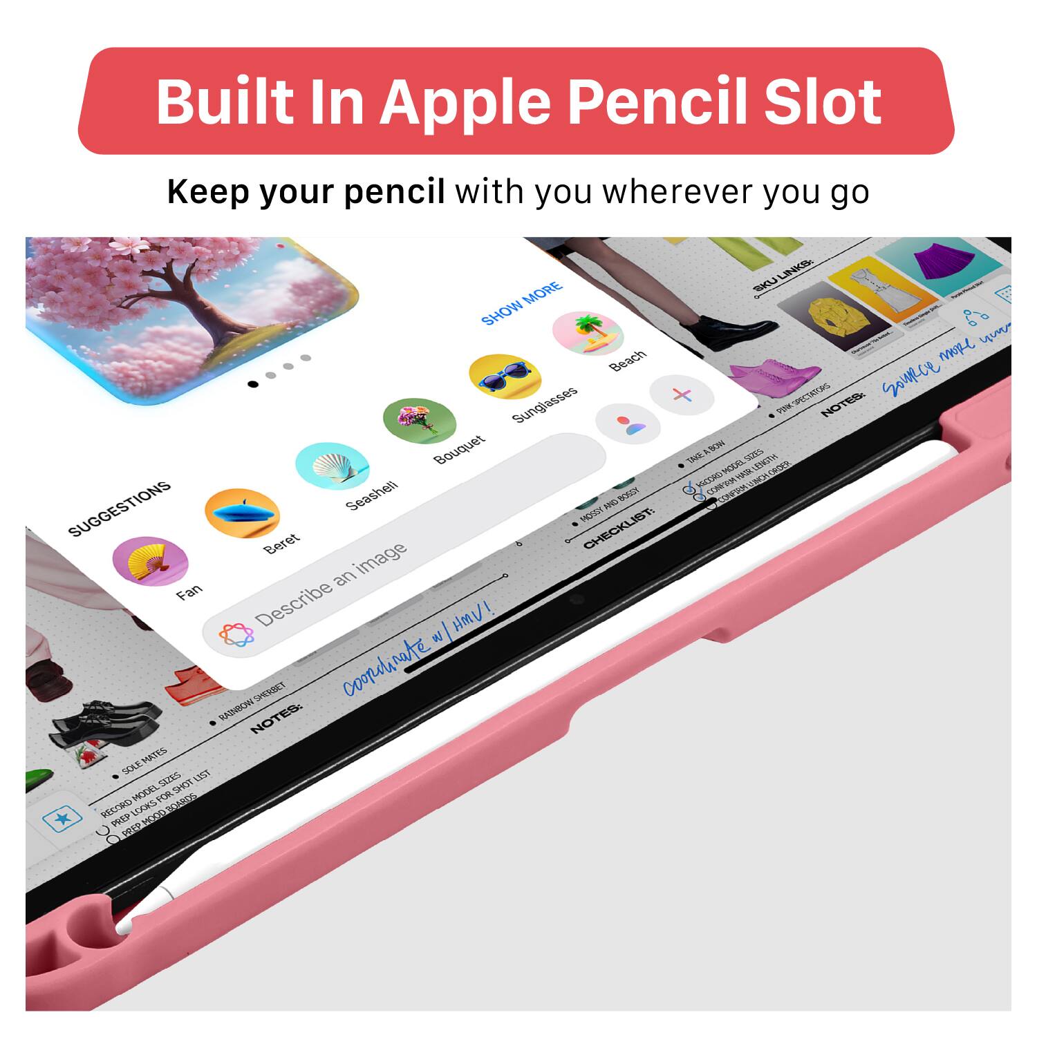Built In Apple Pencil Slot  
Keep your pencil with you wherever you go

- Suggestions
  - Bouquet
  - Seashell
  - Fan
  - Beach
  - Sunglasses
  - Beret
  - Describe an image

- Show More

- Notes
  - CHECKLIST
  - SKETCH NOTES
  - BANDWAGON SECRET
  - SKETCH MODEL 3055
  - RED LAKES ROAD 1000202
  - COORDINATE WITH HMV!