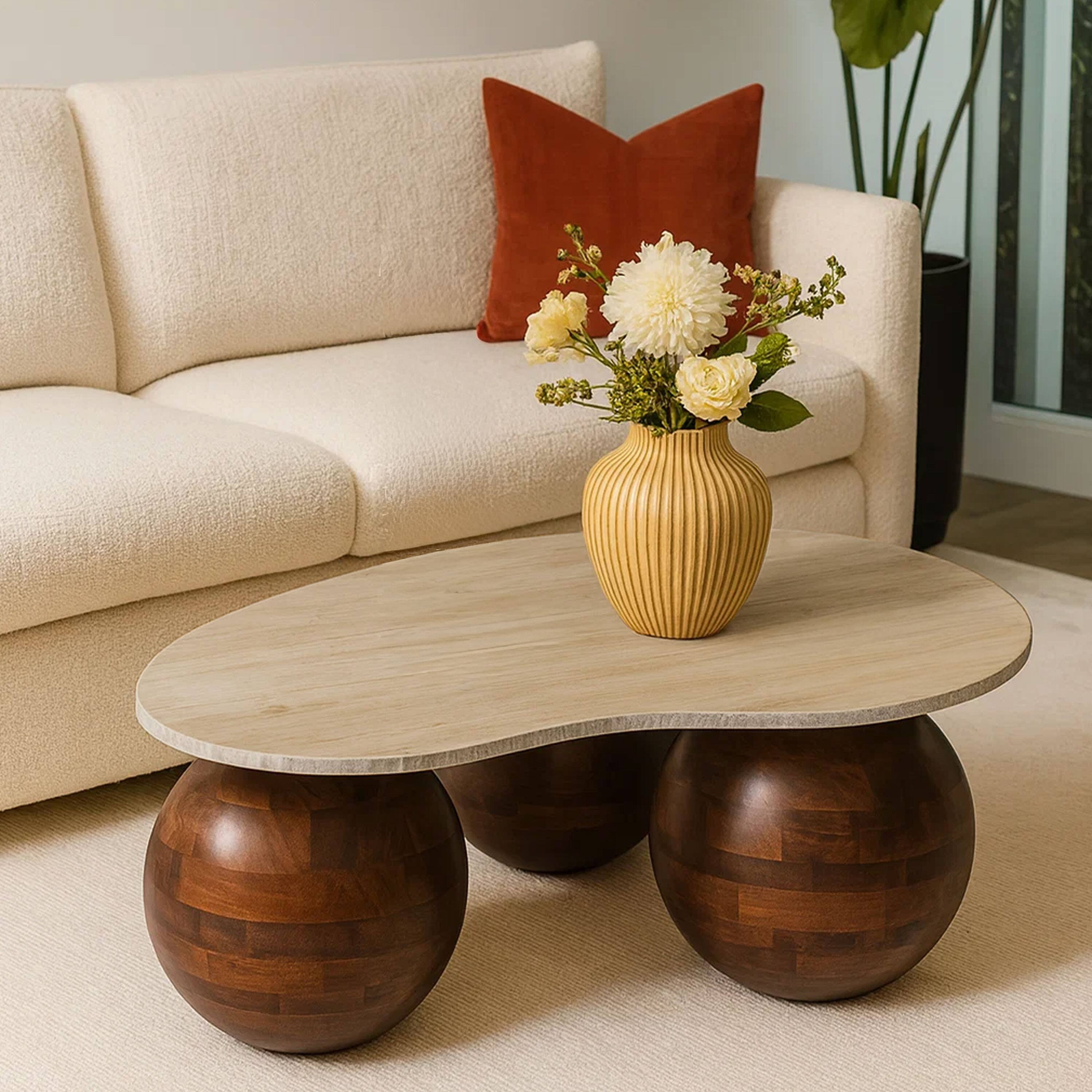 Alt View 8. Manhattan Lane - Resh Accent Coffee Table, Curved Natural Travertine Top, Round 3 Balls Wood Base - Brown.