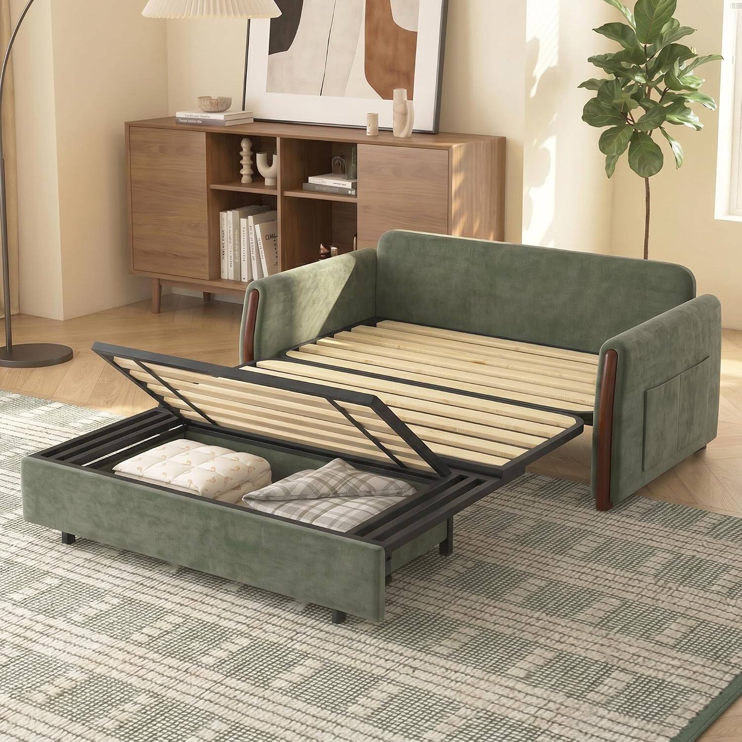 Alt View 2. luck idea - Pull‑Out Sleeper Sofa, 63‑inch Dark Green Convertible Sofa Bed with Storage, Side Pockets & 2 Throw Pillows - green.