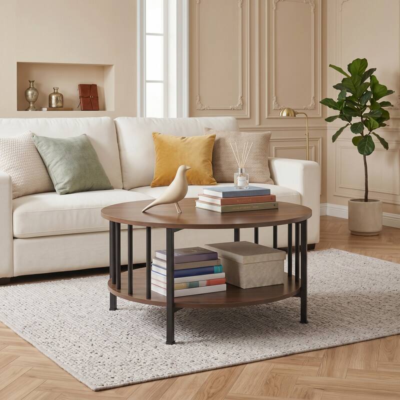 Angle. WELLFOR - 2-Tier Round Coffee Table with Storage Shelf ,Modern Center Table Cocktail Tea Table for Living Room - Walnut.