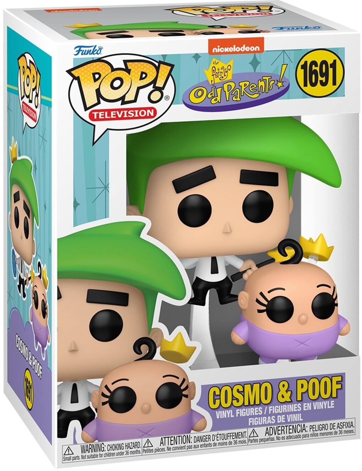 The text on the image is:

"Funko POP! Television 1691 Nickelodeon The Fairly OddParents Cosmo & Poof Vinyl Figures / Figurines en Vinyle / Figuras de Vinil. Warning: Choking Hazard. Small parts. Not suitable for children under 36 months. Peligro de asfixia. ADVERTENCIA: Niños menores de 36 meses. Danger: No es adecuado para ATTENTION: de 36 mois. HAZARD. BCX enfants de moins de 36 mois. Not suitable for children under 36 months. Petites pièces."