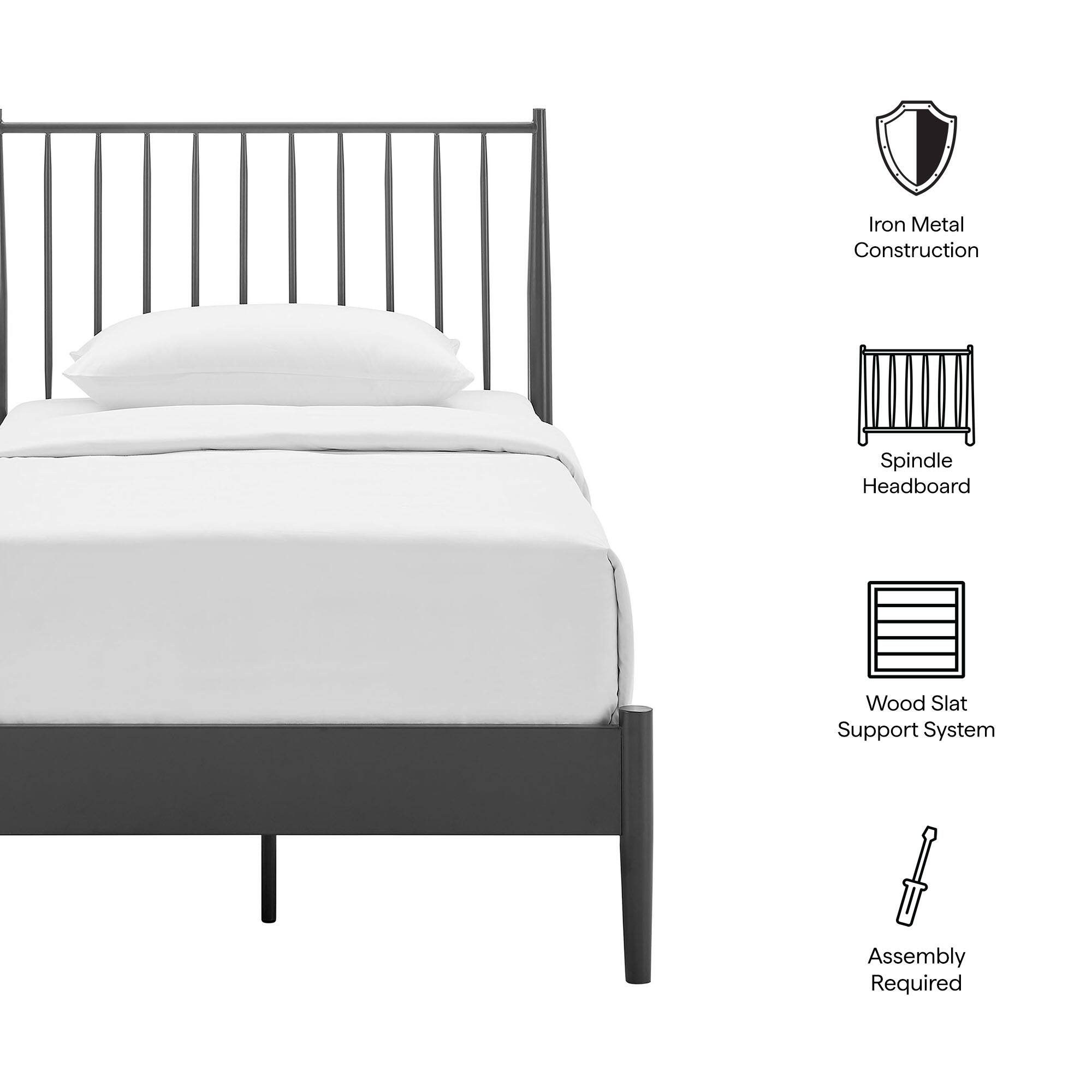 - Iron Metal Construction
- Spindle Headboard
- Wood Slat Support System
- Assembly Required