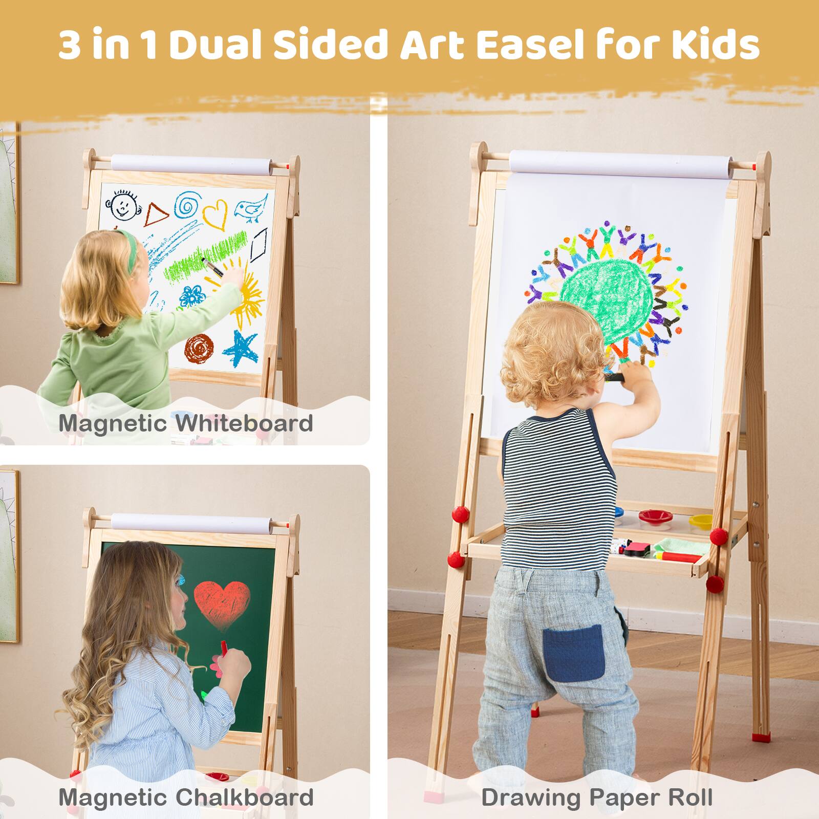 3 in 1 Dual Sided Art Easel for Kids

- Magnetic Whiteboard
- Magnetic Chalkboard
- Drawing Paper Roll