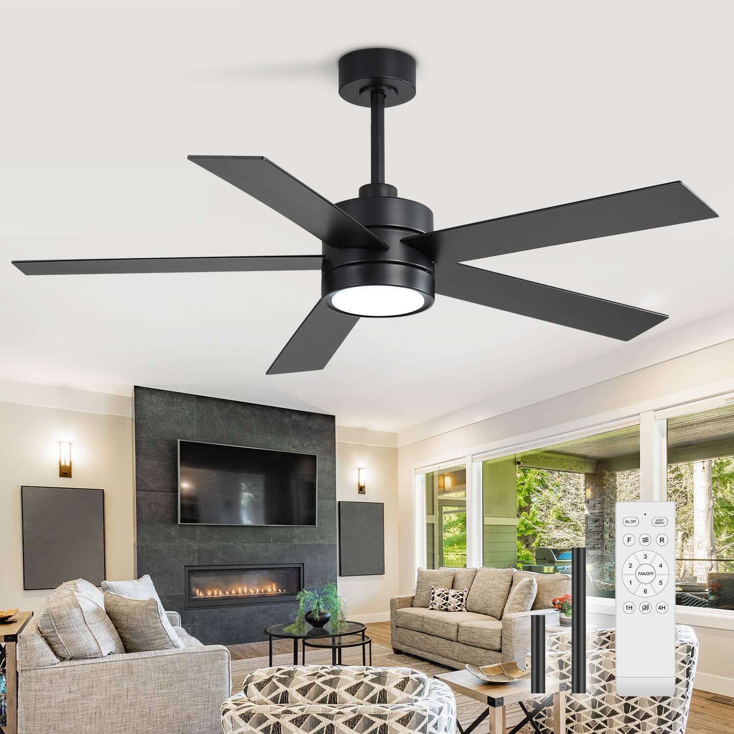 Left. Breezary - 52-In Indoor Ceiling Fan with Led Light, 5 Plywood Blades, 6-Speed DC Motor, Remote, Timer with Memory, 5/10'' Downrods - Black.