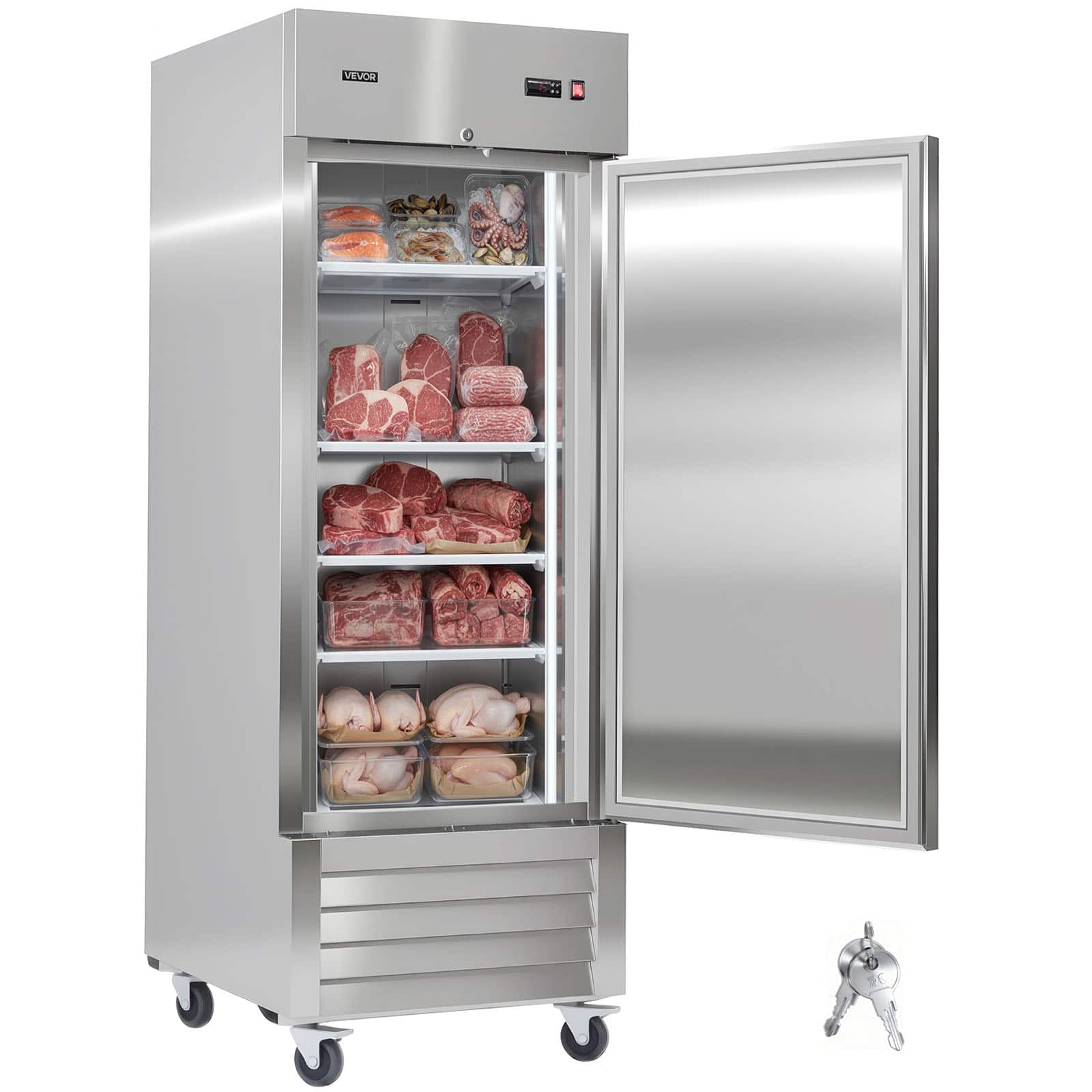 VEVOR - Commercial Reach-In Freezer 29" W, 22 Cu.Ft Stainless Steel Upright Freezer with Single Door, Auto-Defrost, 4 Adjustable - Silver