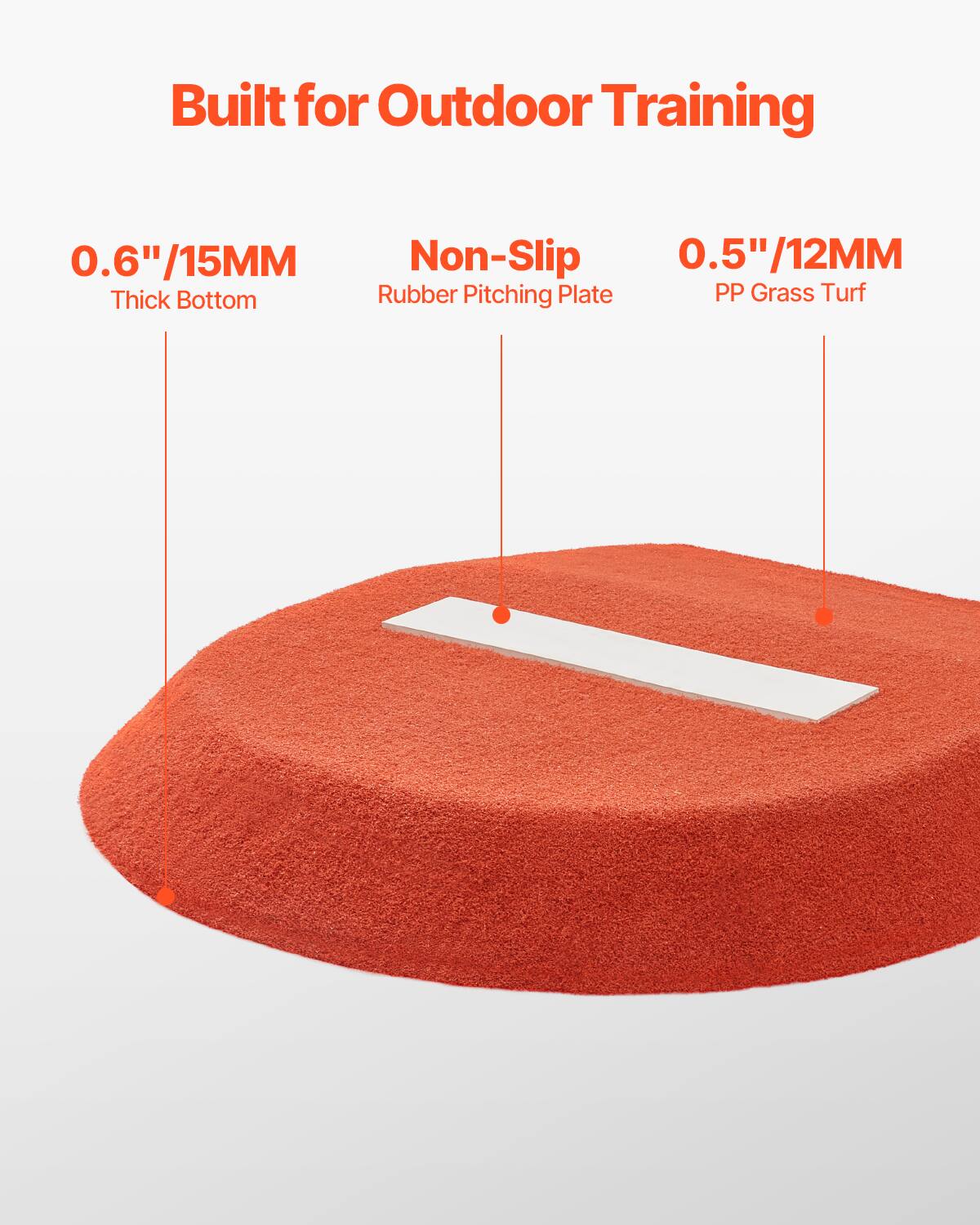 Built for Outdoor Training

0.6" / 15MM Thick Bottom

Non-Slip Rubber Pitching Plate

0.5" / 12MM PP Grass Turf