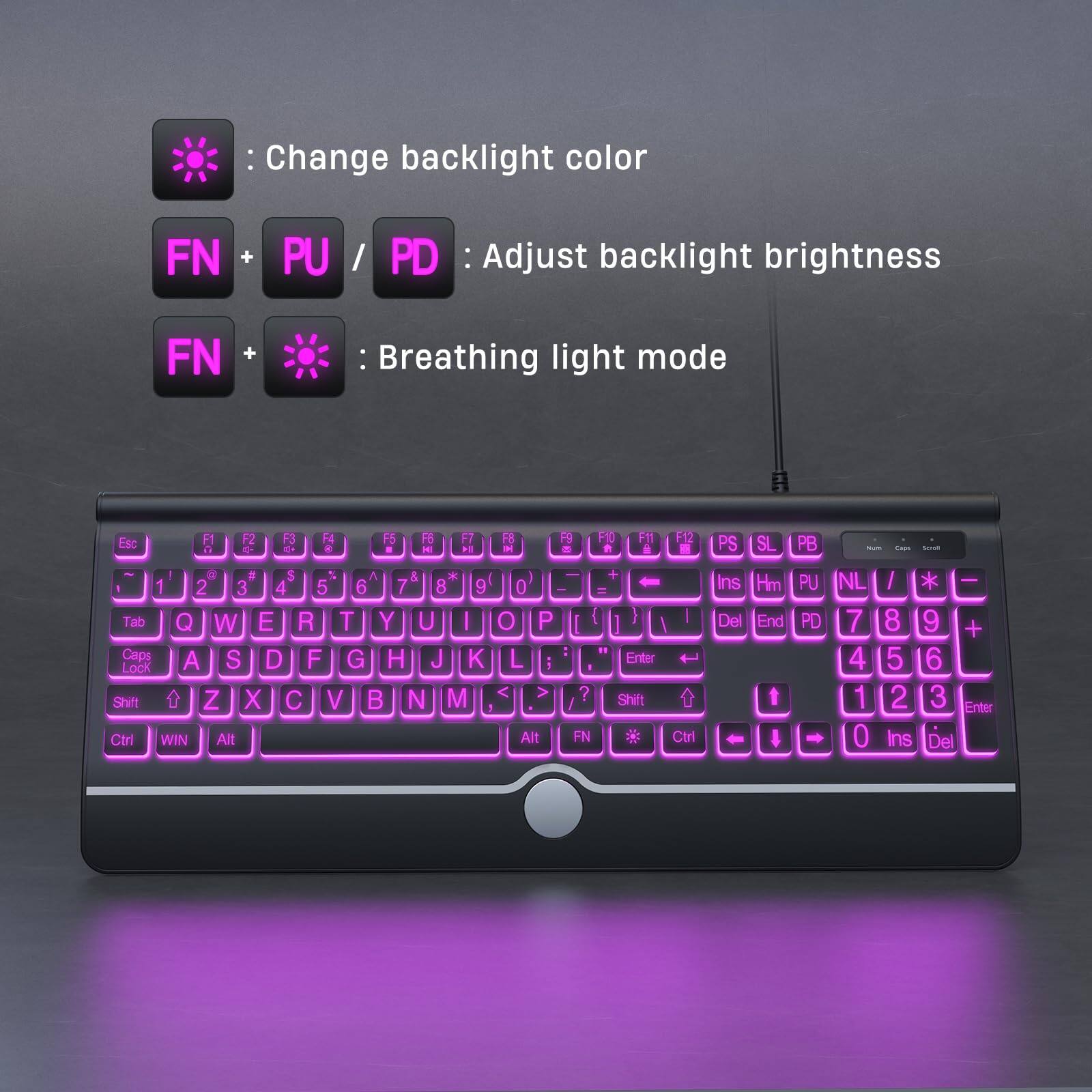 Change backlight color  
FN + PU / PD : Adjust backlight brightness  
FN + : Breathing light mode  

F1 F2 F3 F4 F5 F6 F7 F8 F9 F10 F11 F12  
Esc F1 F2 F3 F4 F5 FB HE FT 1 F8 PS SL PB 0 3 $ % A & * 1 2 3 4 5 6 7 8 9 Tab Q W E R T Y U Caps A S D F G H J K Lock Shift Z X C V B N M 1 Ctrl WIN Alt + - 0 I = . P : L Enter 1 - < > ? Shift Alt FN Ctrl Ins Hm Del End  

NL 7 4 1 0 - 8 9 + 5 6 2 3 Enter Ins Del