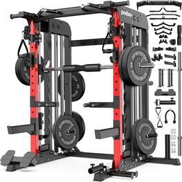 Pooboo - Heavy Duty 2000lb Power Rack Smith Machine System with Dual Cable Pulley&230 lb Weight Stack - Black