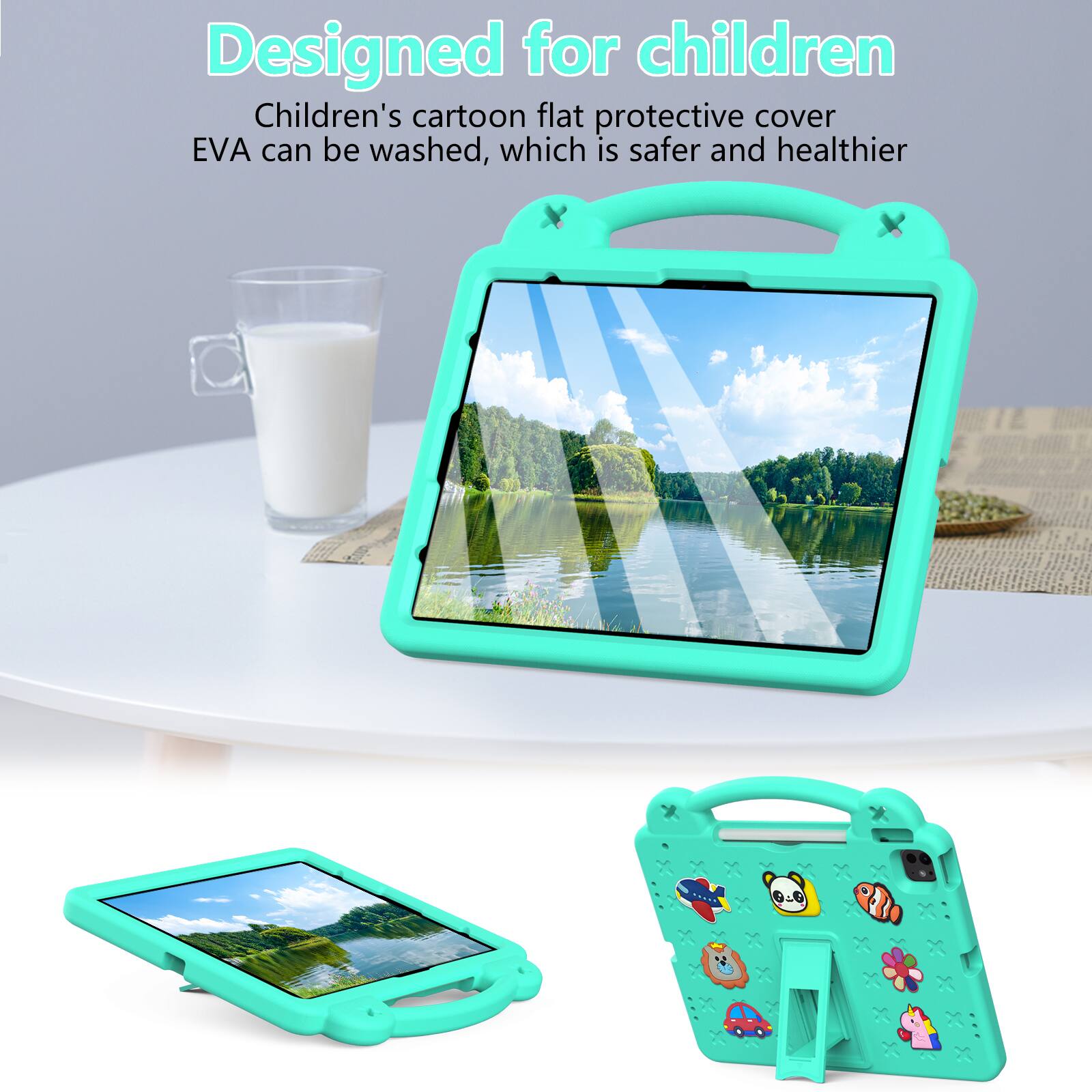 Designed for children  
Children's cartoon flat protective cover EVA can be washed, which is safer and healthier.