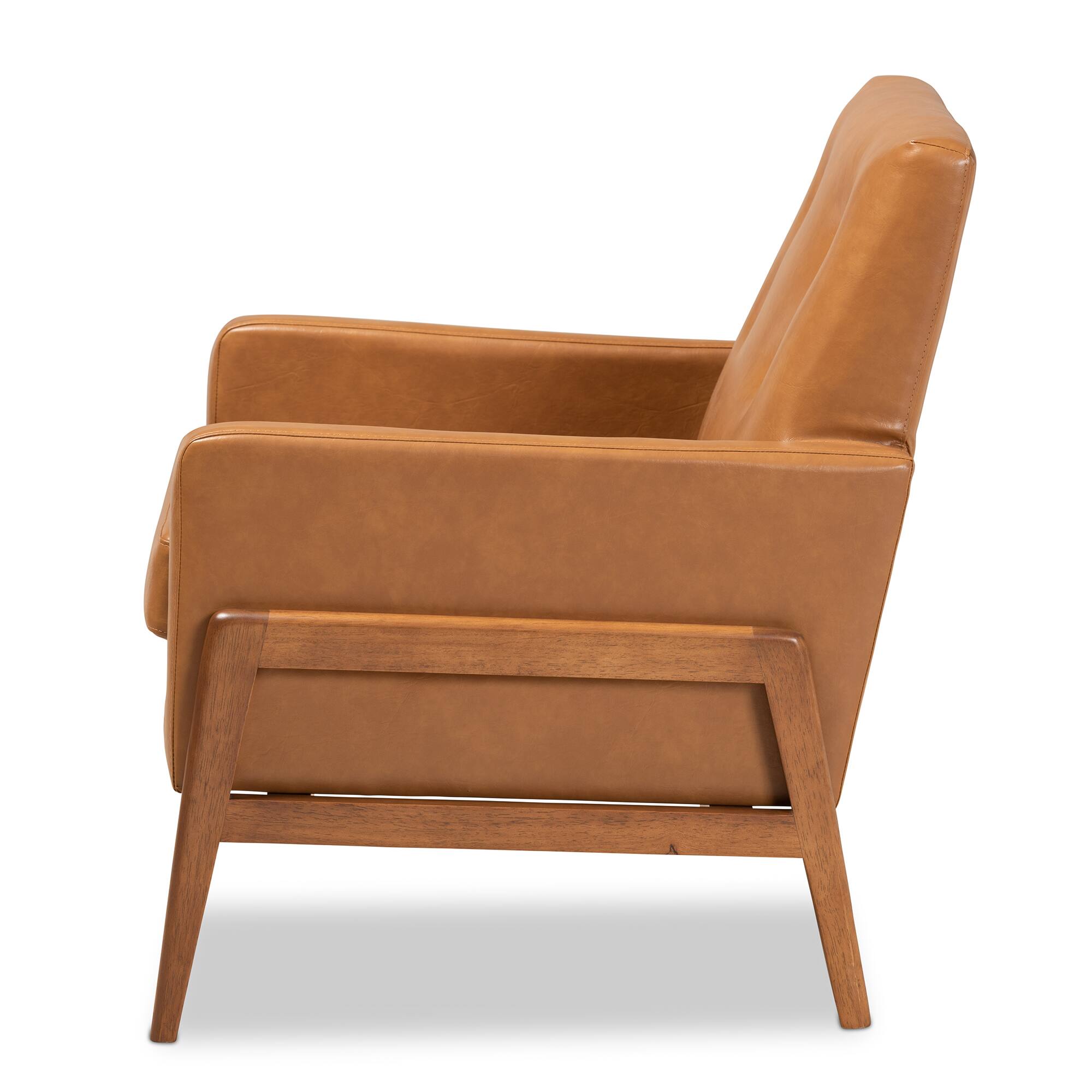Left. Baxton Studio - Perris Mid-Century Modern Tan Faux Leather Upholstered and Walnut Finished Wood Lounge Chair - Tan/walnut brown.