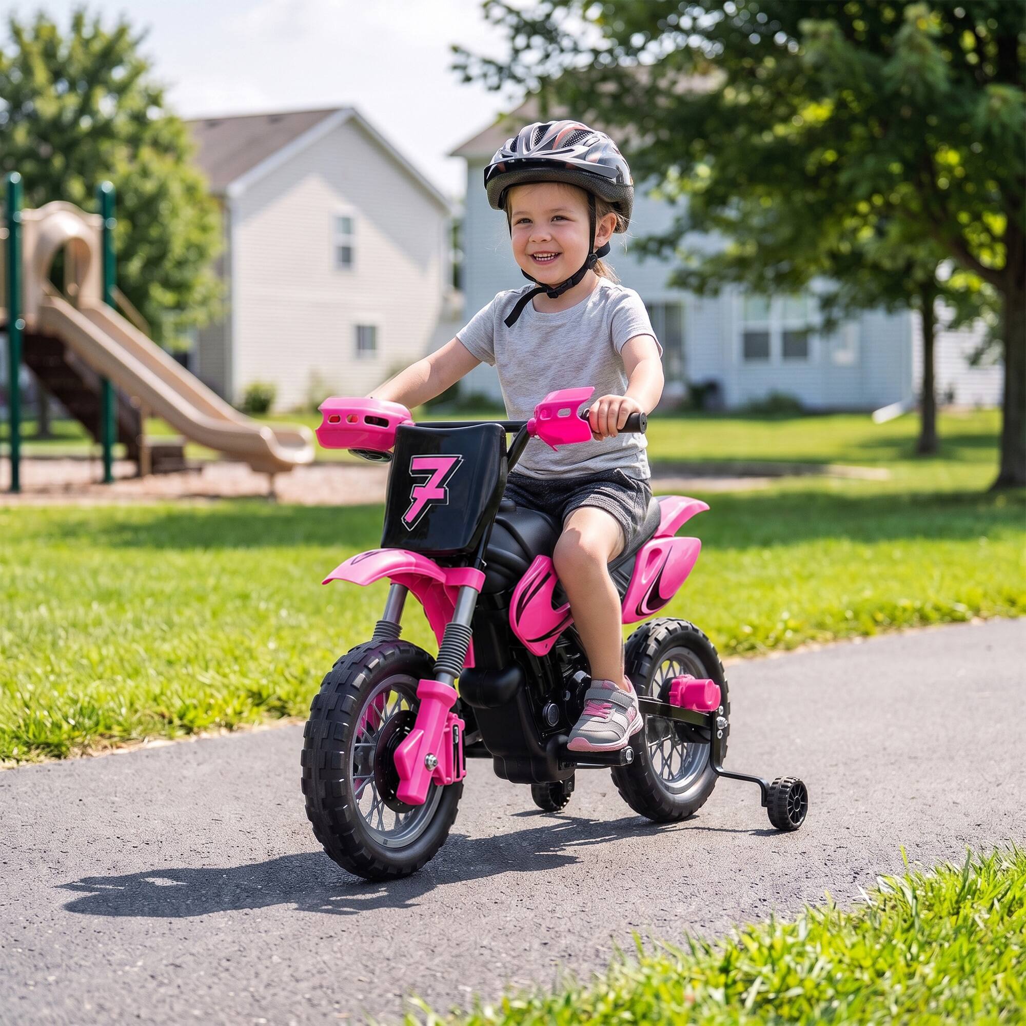 Alt View 8. Qaba - Kids Motorcycle, 2 x 35W Electric Dirt Bike with Training Wheels, Rear Suspension - Pink.