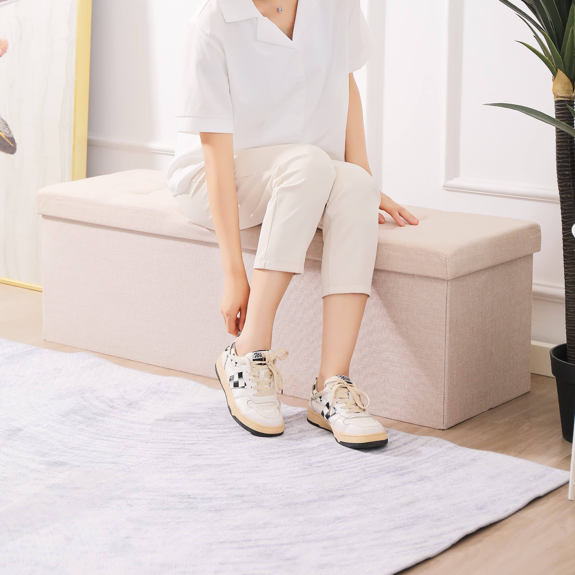 Alt View 2. Fabibe - Shoe Storage Ottoman Foldable Seat Footrest Tufted Bench End of Bed Storage with Flipping Lid, 166L Storage... - Sandy Beige 45.3" Flip.