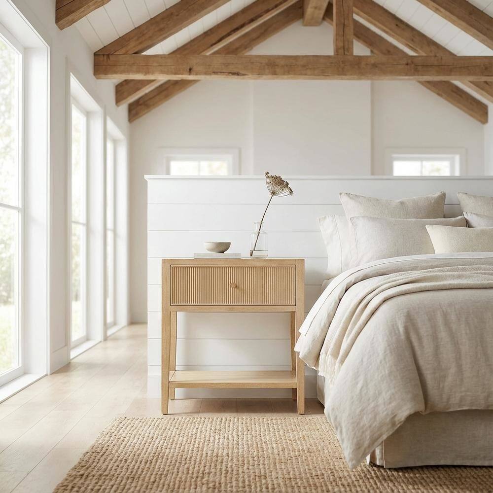 Angle. FurniFact - Wood Nightstand with Gold Hardware, Coastal, Scandinavian Style, Single Drawer - Brown.