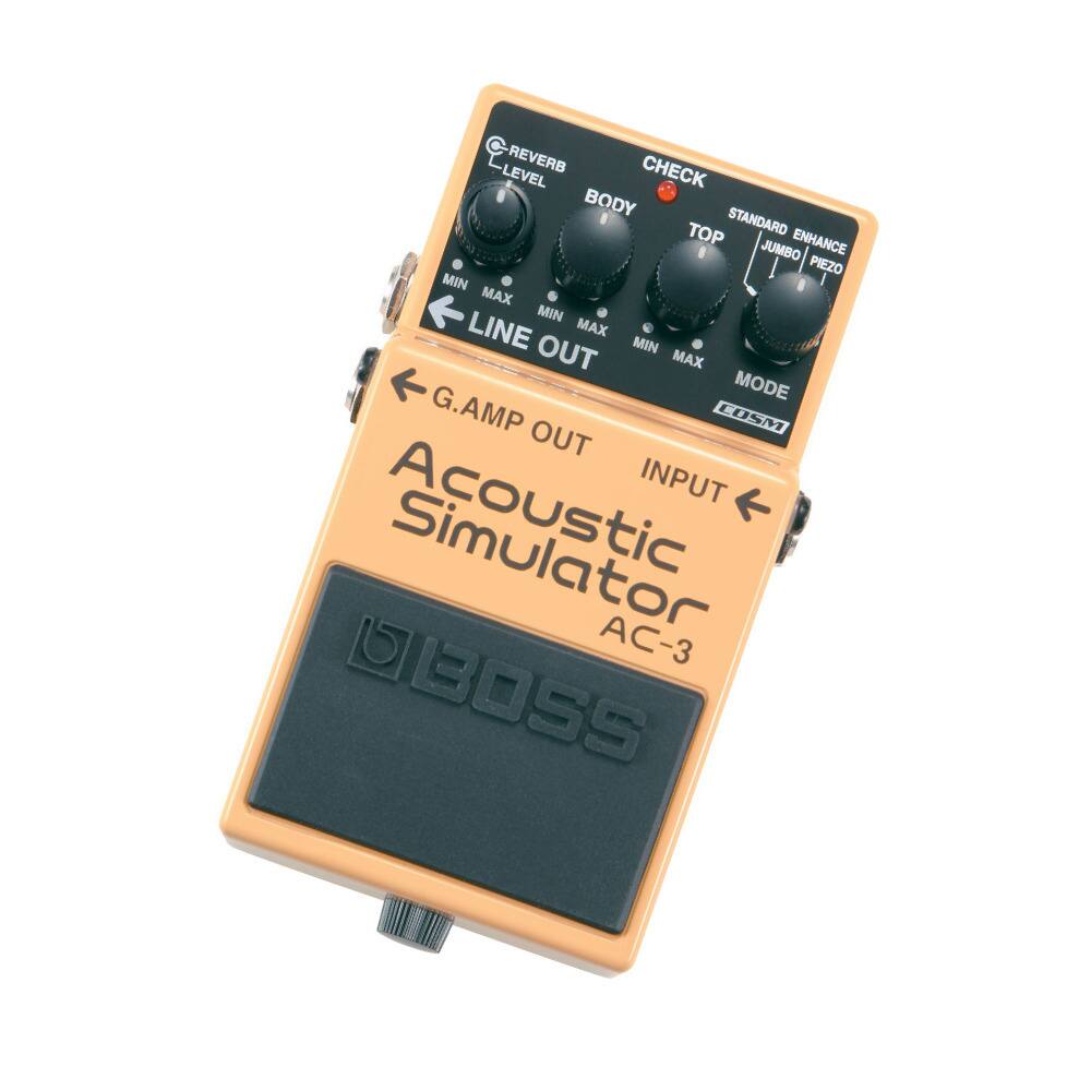 REVERB CHECK LEVEL BODY I TOP STANDARD JUMBO ENHANCE PIEZO MIN MAX MIN LINE MAX OUT MIN MAX MODE G.AMP LUSMI OUT Acoustic INPUT AC-3 BOSS