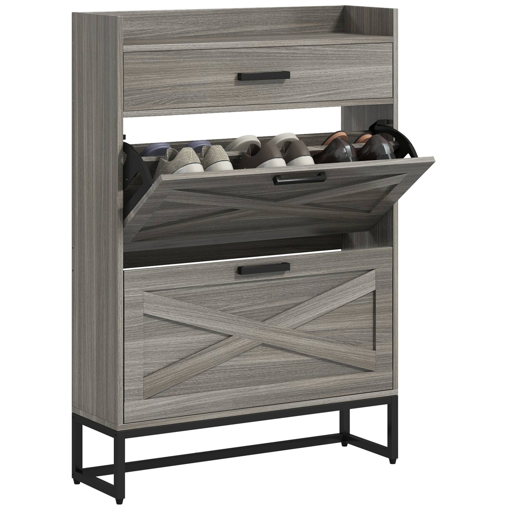 Front. TinyHomie - Narrow Shoe Storage Cabinet with 2 Flip Drawers Adjustable Shelves and Top Drawer for 12 Pairs of Shoes - Gray.