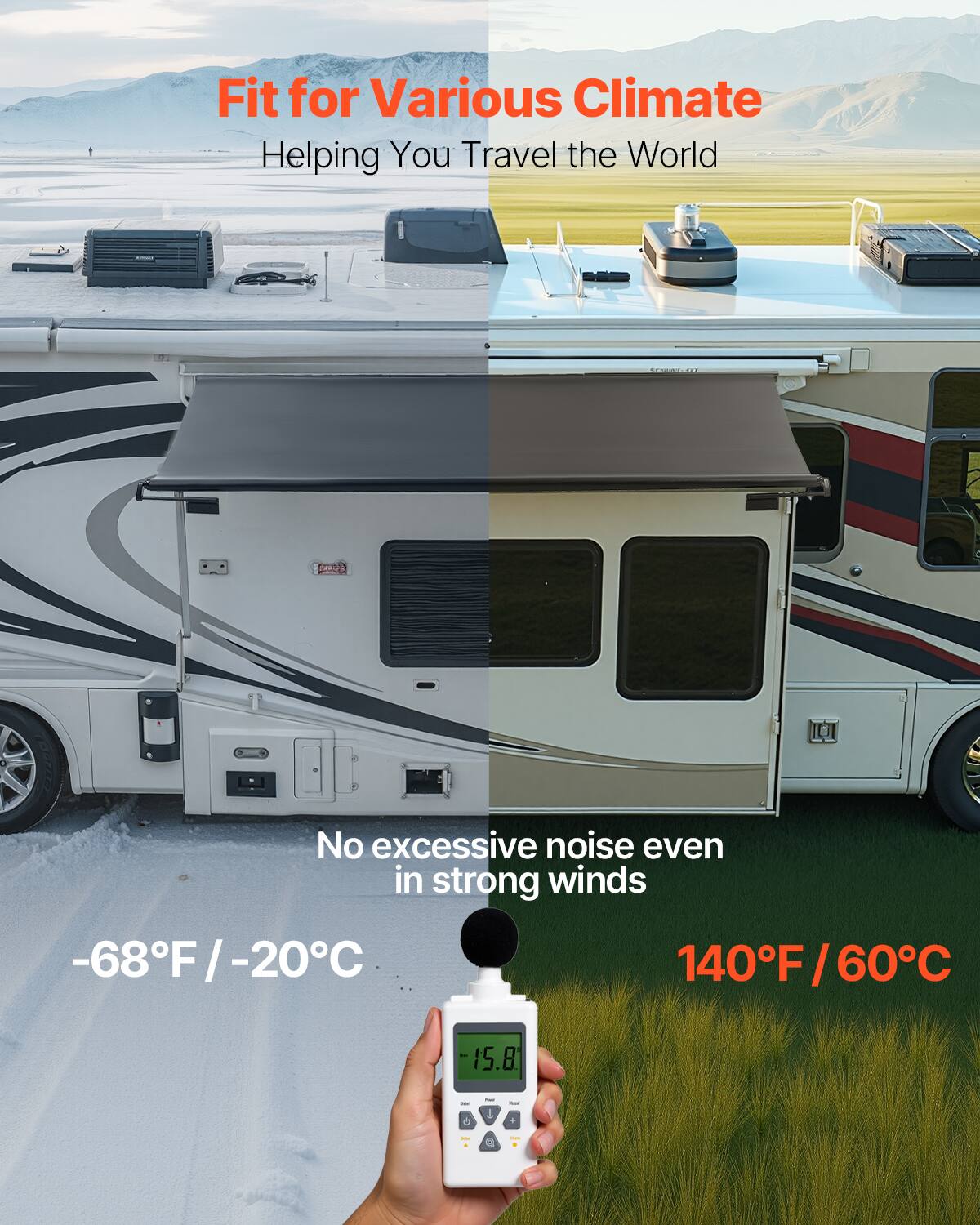 Fit for Various Climate  
Helping You Travel the World  

No excessive noise even in strong winds  

-68°F / -20°C  

140°F / 60°C  

15.8