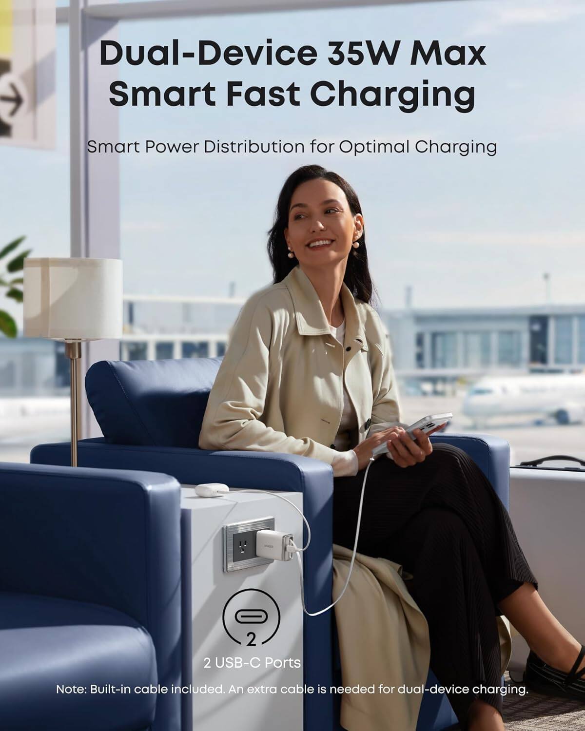 Dual-Device 35W Max Smart Fast Charging  
Smart Power Distribution for Optimal Charging  

2 USB-C Ports  

Note: Built-in cable included. An extra cable is needed for dual-device charging.