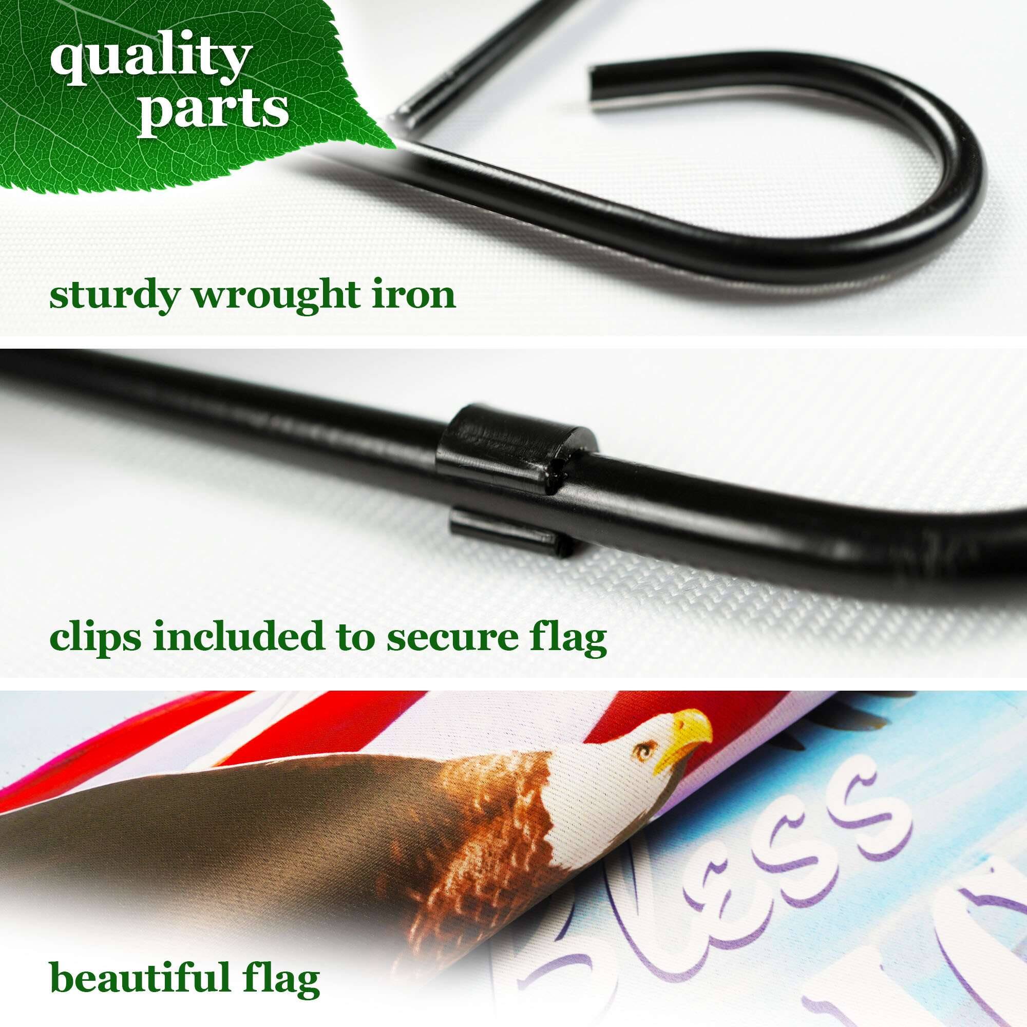 quality parts  
sturdy wrought iron  
clips included to secure flag  
beautiful flag