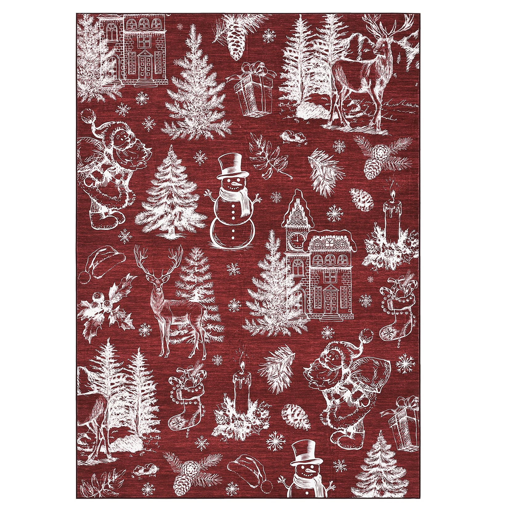 Acekool - 8x10 ft Christmas Area Rug, Tree Snowman Reindeer Print, Washable, Non-Slip, Holiday Indoor Living Room - Red