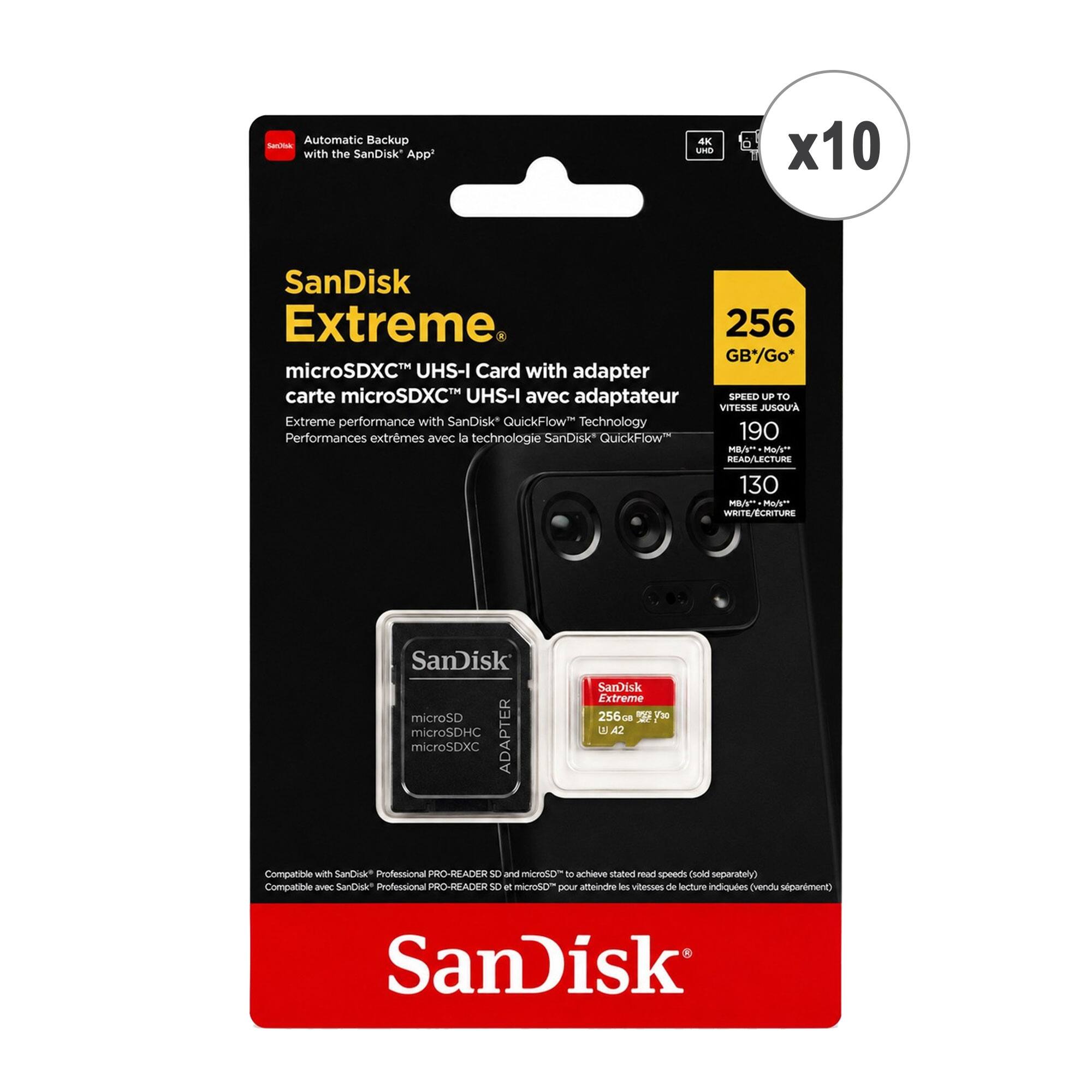 Automatic Backup with the SanDisk App

SanDisk Extreme

256 GB microSDXC UHS-I Card with adapter

Extreme performance with SanDisk QuickFlow Technology

SPEED UP TO 190 MB/s READ / 130 MB/s WRITE

Compatible with SanDisk Professional PRO-READER

SanDisk microSD microSDHC ADAPTER microSDXC