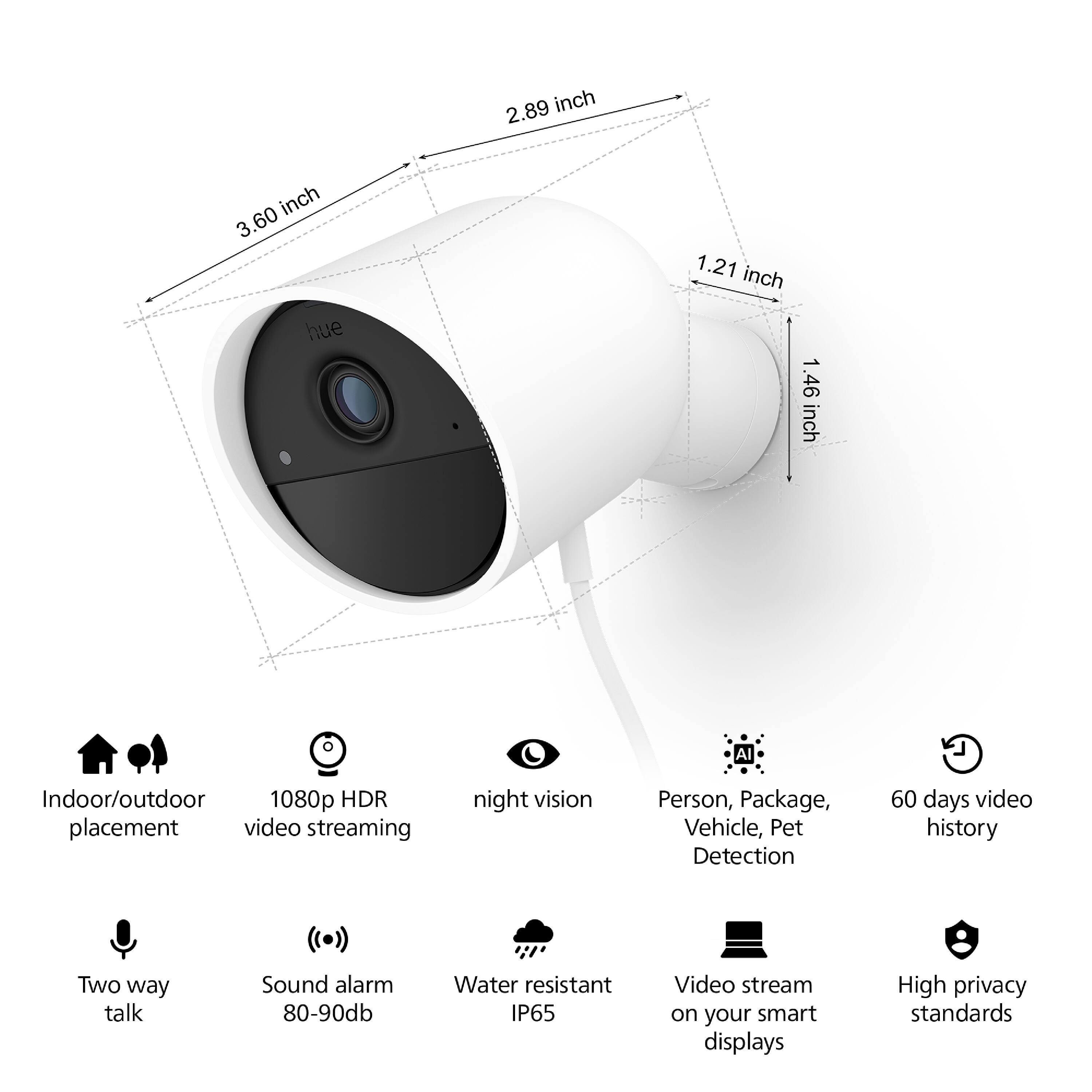 The text on the image is already grouped and correctly written. It describes the features of a security camera, including its size, resolution, and various functionalities such as night vision, video streaming, and sound alarm. The text also mentions the camera's water resistance and compatibility with smart displays.