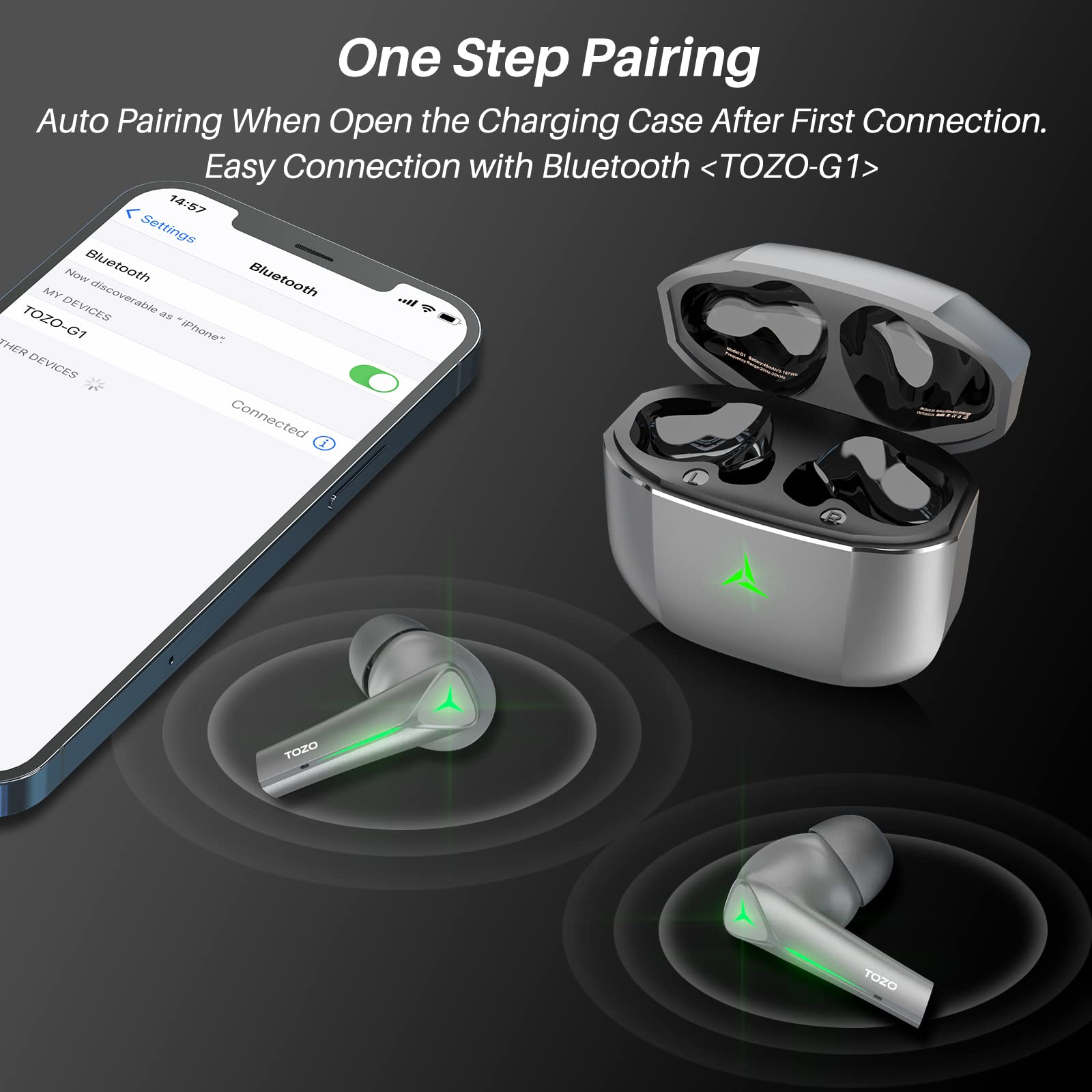 One Step Pairing  
Auto Pairing When Open the Charging Case After First Connection.  
Easy Connection with Bluetooth <TOZO-G1>