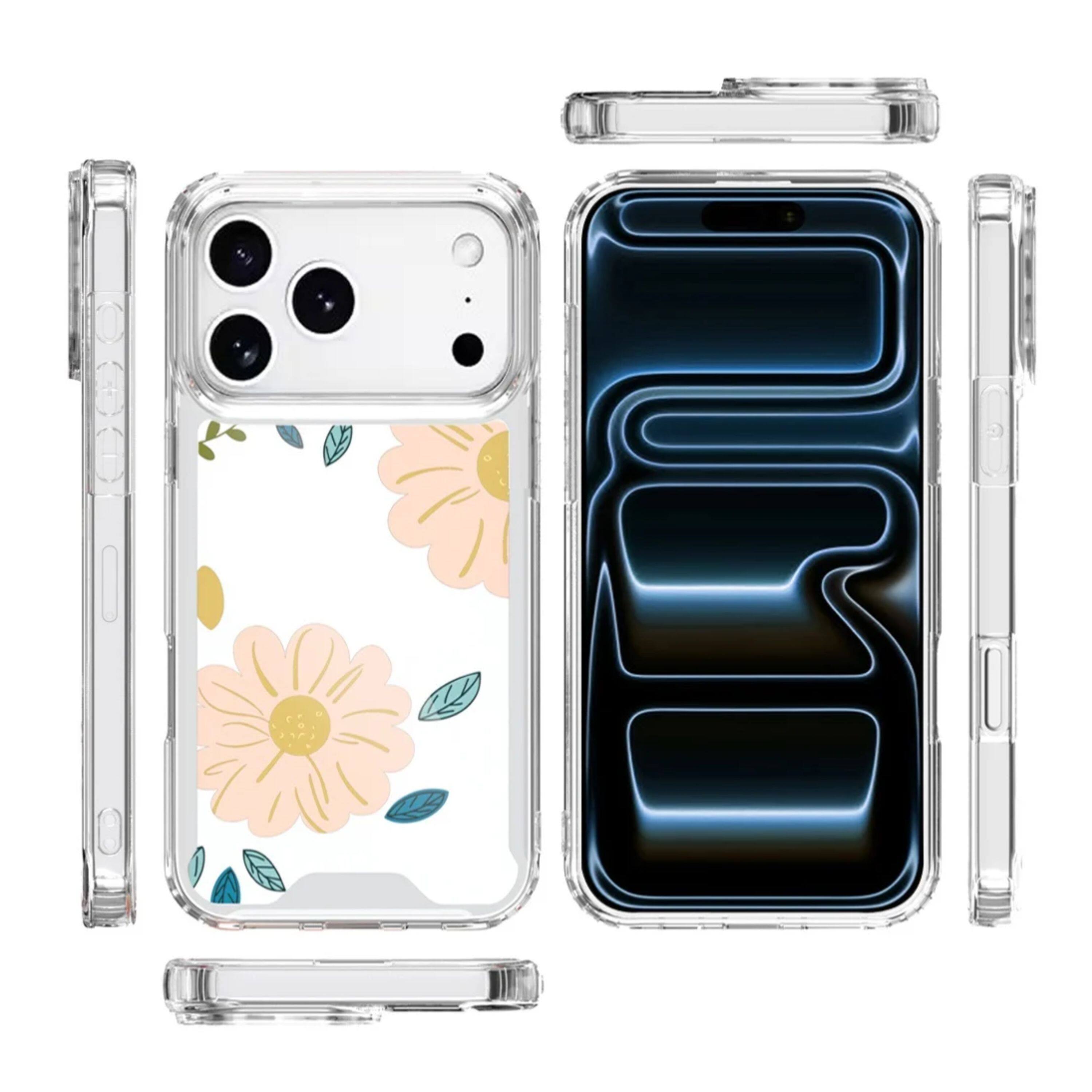Angle. Kitcheniva - Minimalist Large Daisy Design Clear TPU Phone Case With Tempered Glass For iPhone 17 Pro Max - Multicolor.