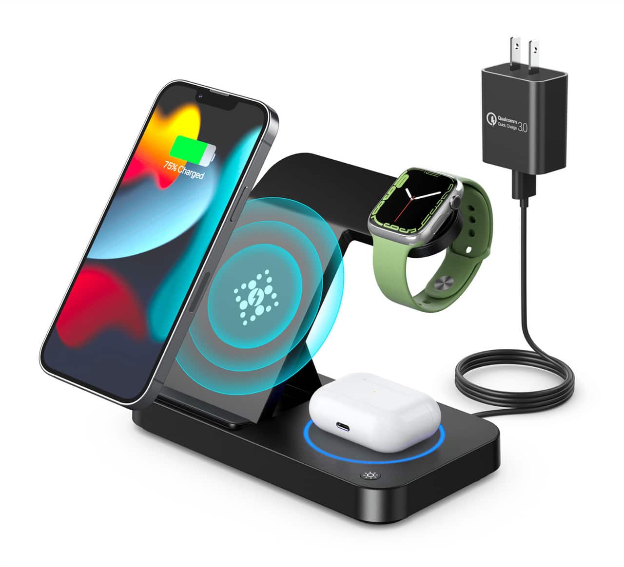 RISOKEYS - 4-in-1 Fast Foldable Wireless Charger - 15W Stand-Up Charger for Apple iPhone, Samsung Phones, Apple Watch and AirPods