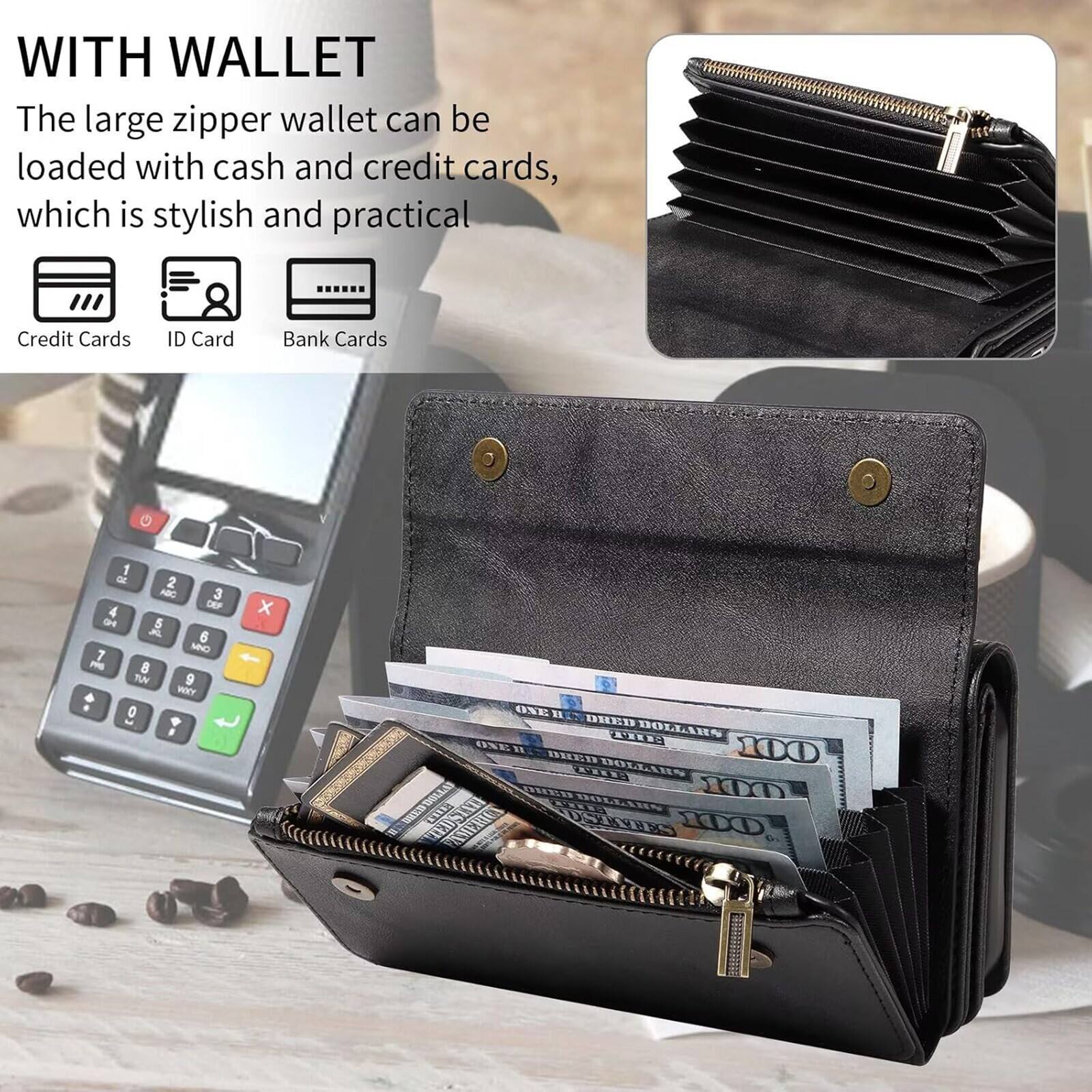 WITH WALLET

The large zipper wallet can be loaded with cash and credit cards, which is stylish and practical.

Credit Cards  
ID Card  
Bank Cards

100 DOLLARS  
100 DOLLARS  
100 DOLLARS
